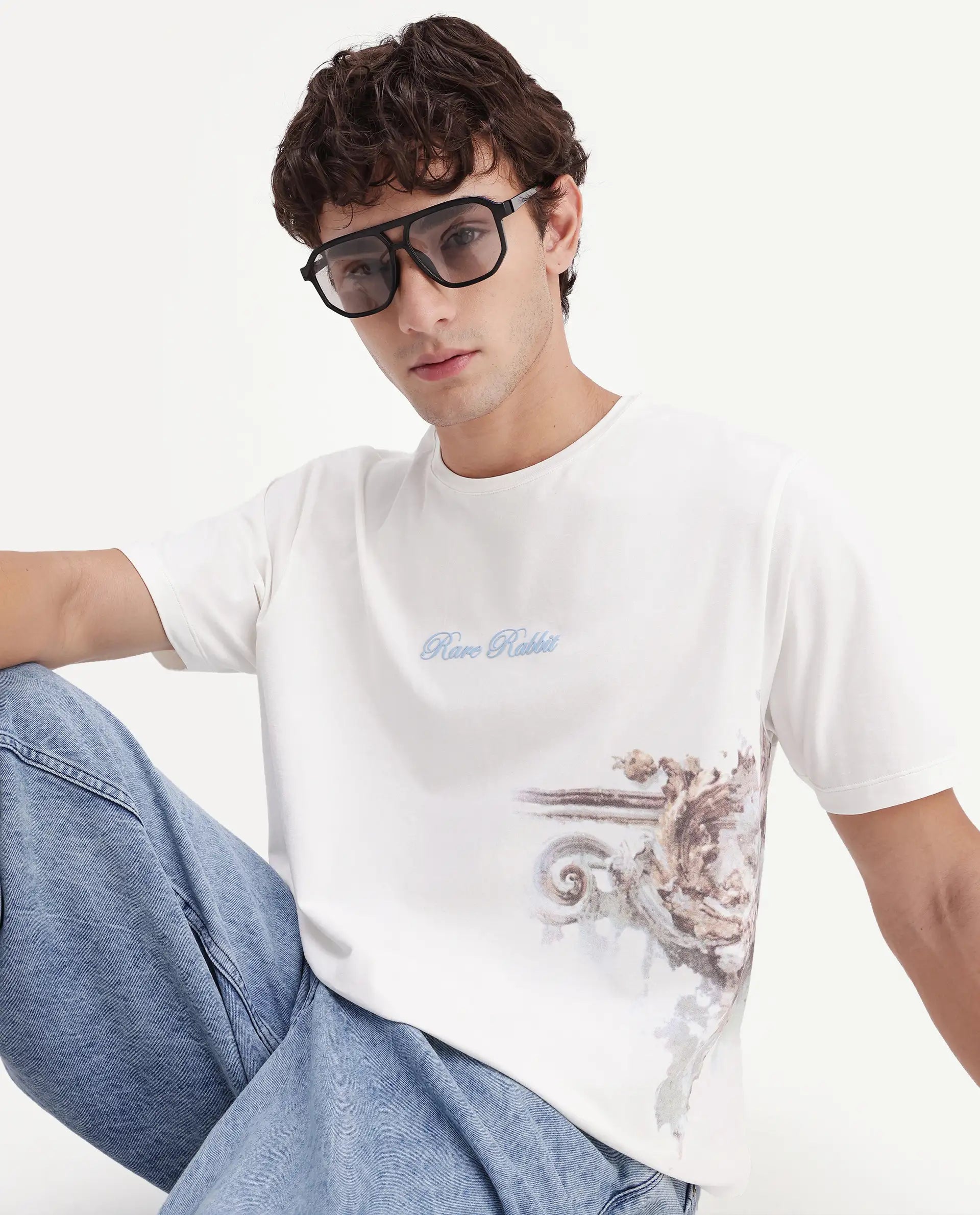 Rare Rabbit Men's Freco Off White Cotton Blend Crew Neck Regular Graphic Print T-Shirt