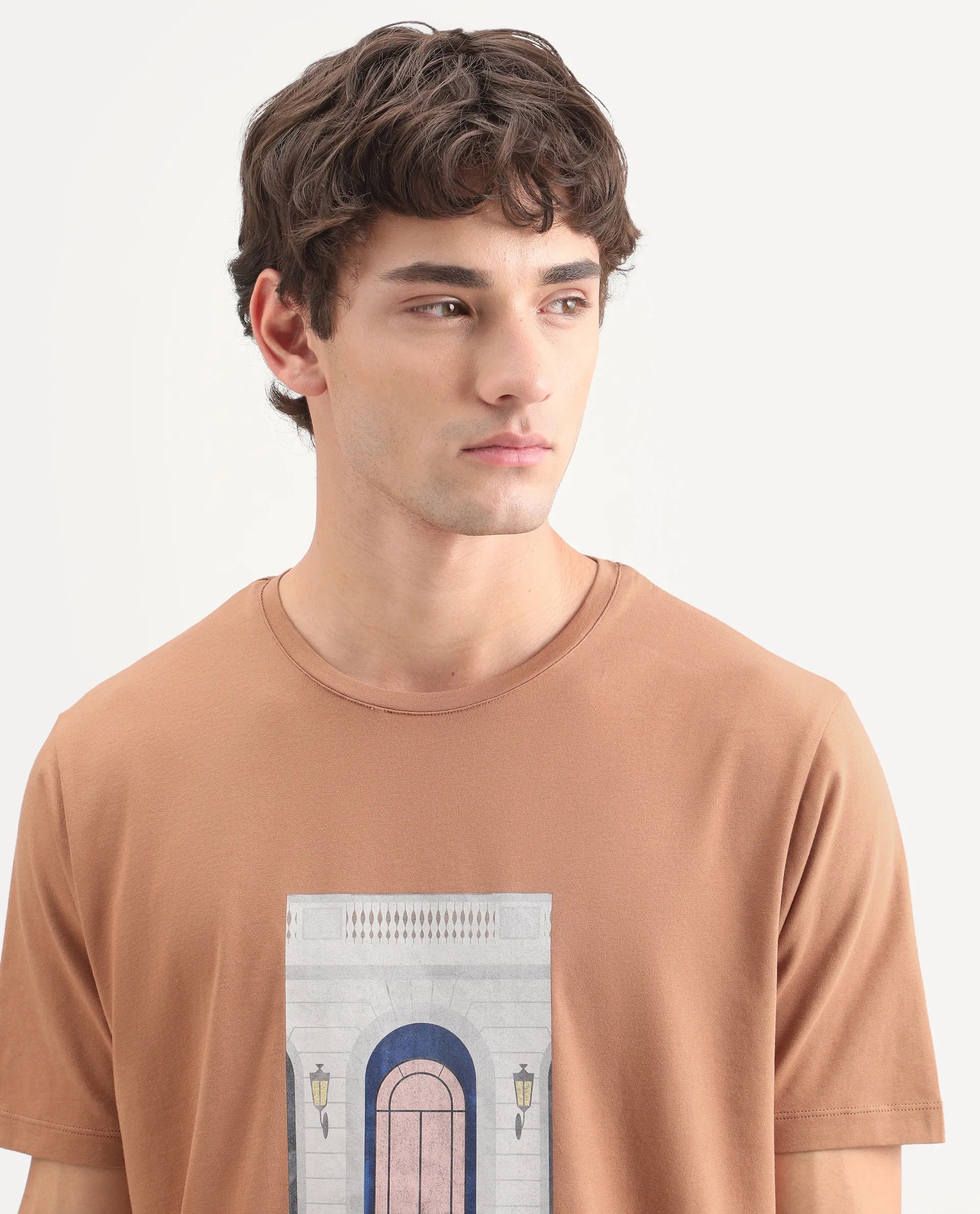 Rare Rabbit Men's Gral Dusky Rust Cotton Blend Crew Neck Regular Graphic Print T-Shirt
