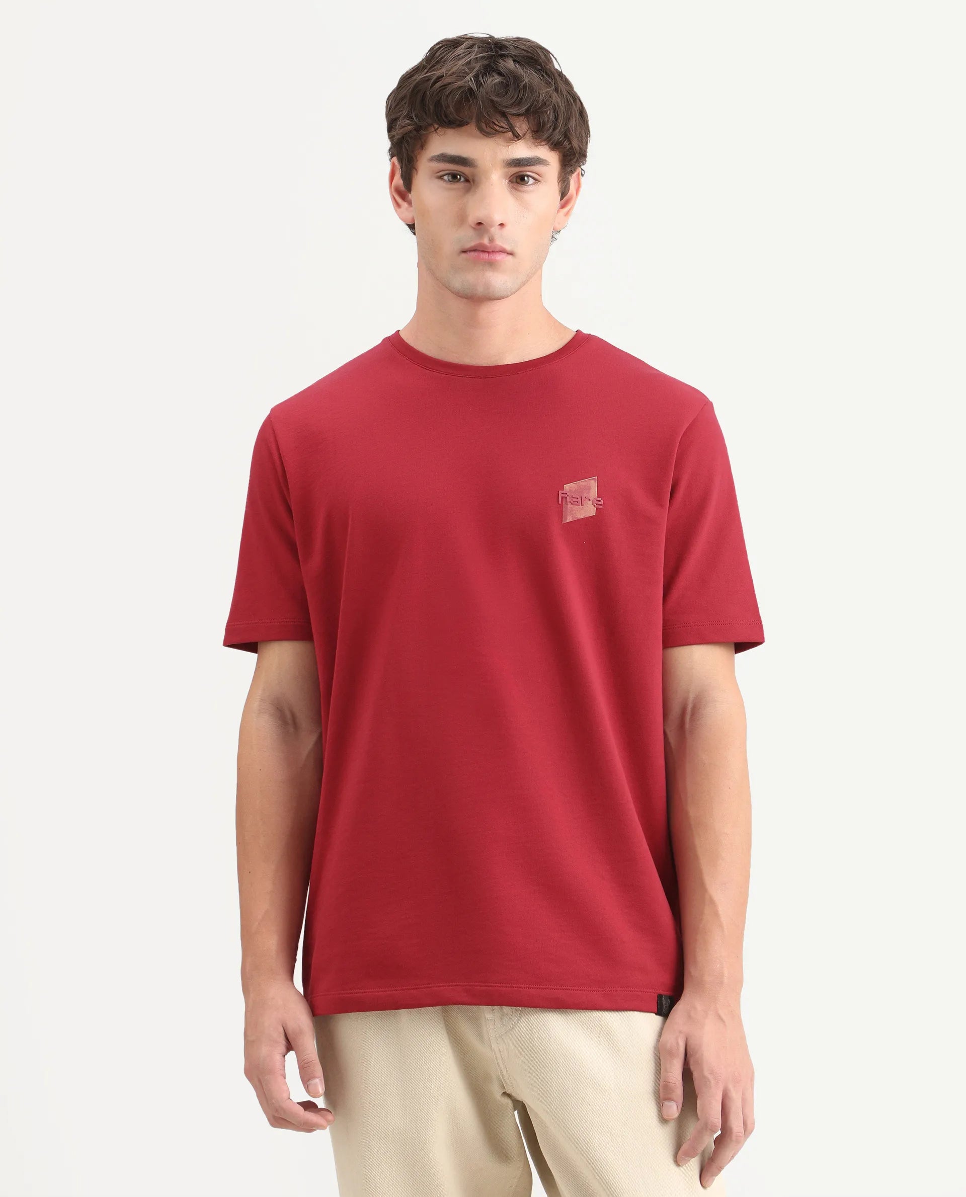 Rare Rabbit Men's Favo Red Cotton Crew Neck Regular Graphic Print T-Shirt