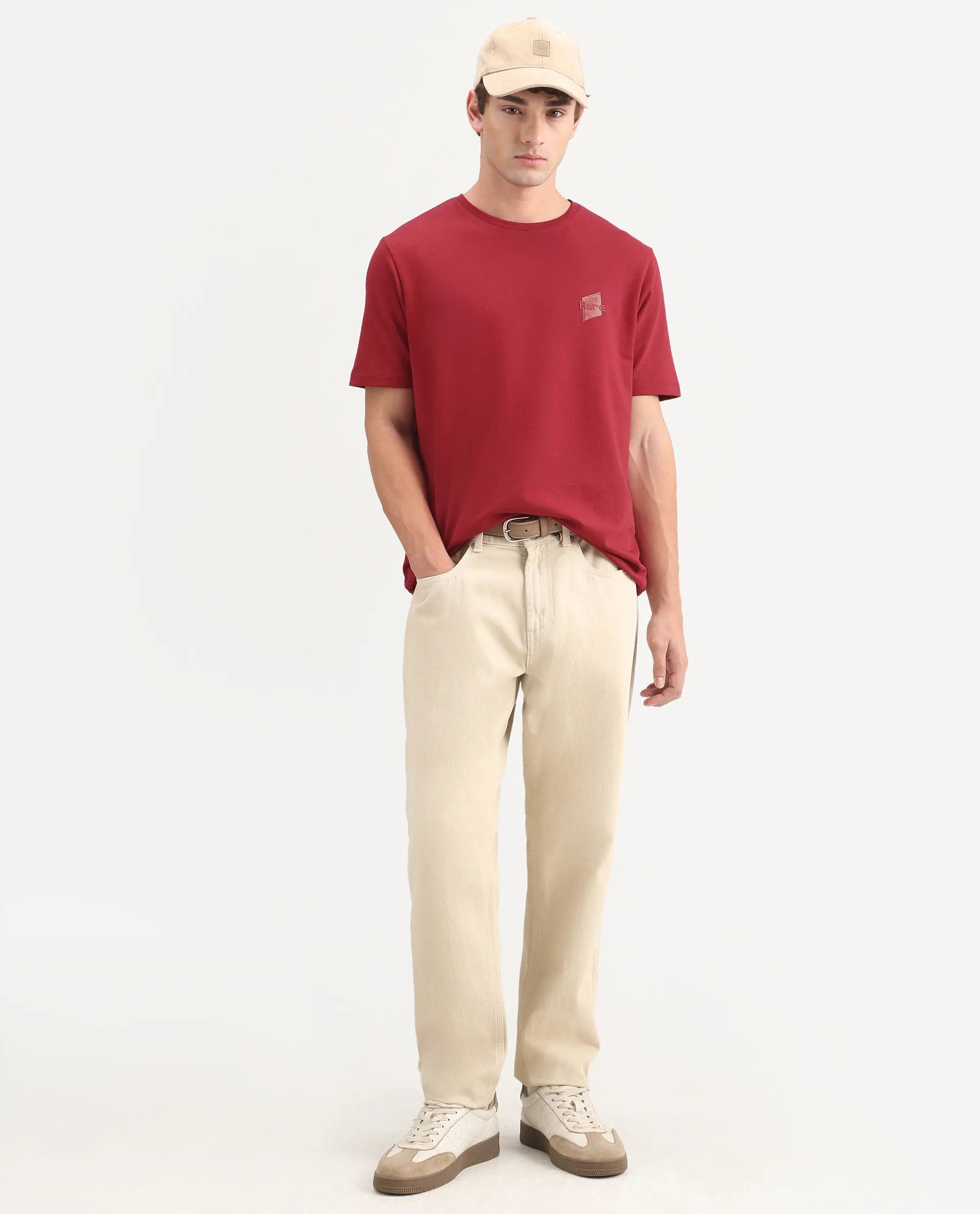 Rare Rabbit Men's Favo Red Cotton Crew Neck Regular Graphic Print T-Shirt