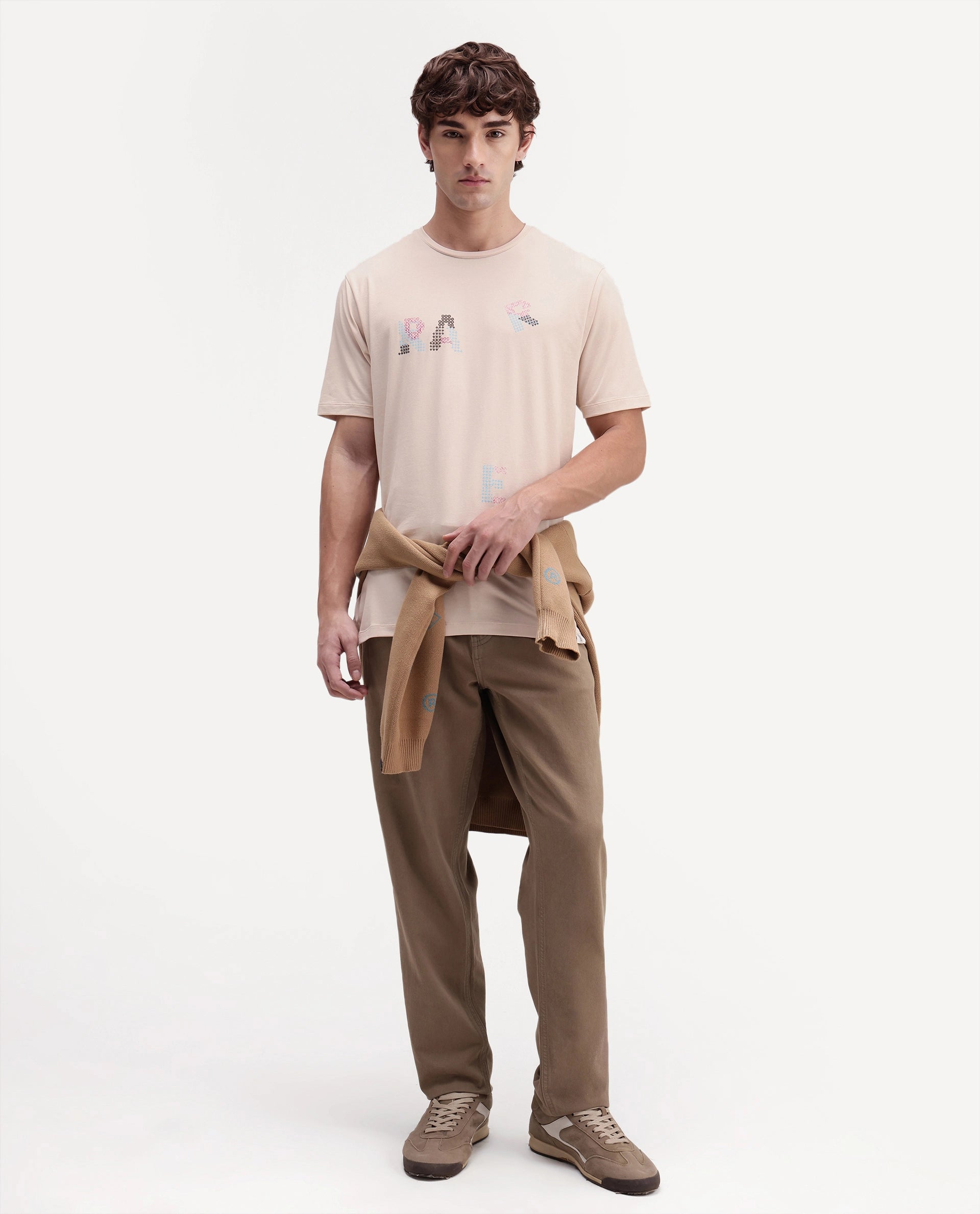 Rare Rabbit Men's Pexo Light Beige Cotton Blend Crew Neck Regular Graphic Print T-Shirt