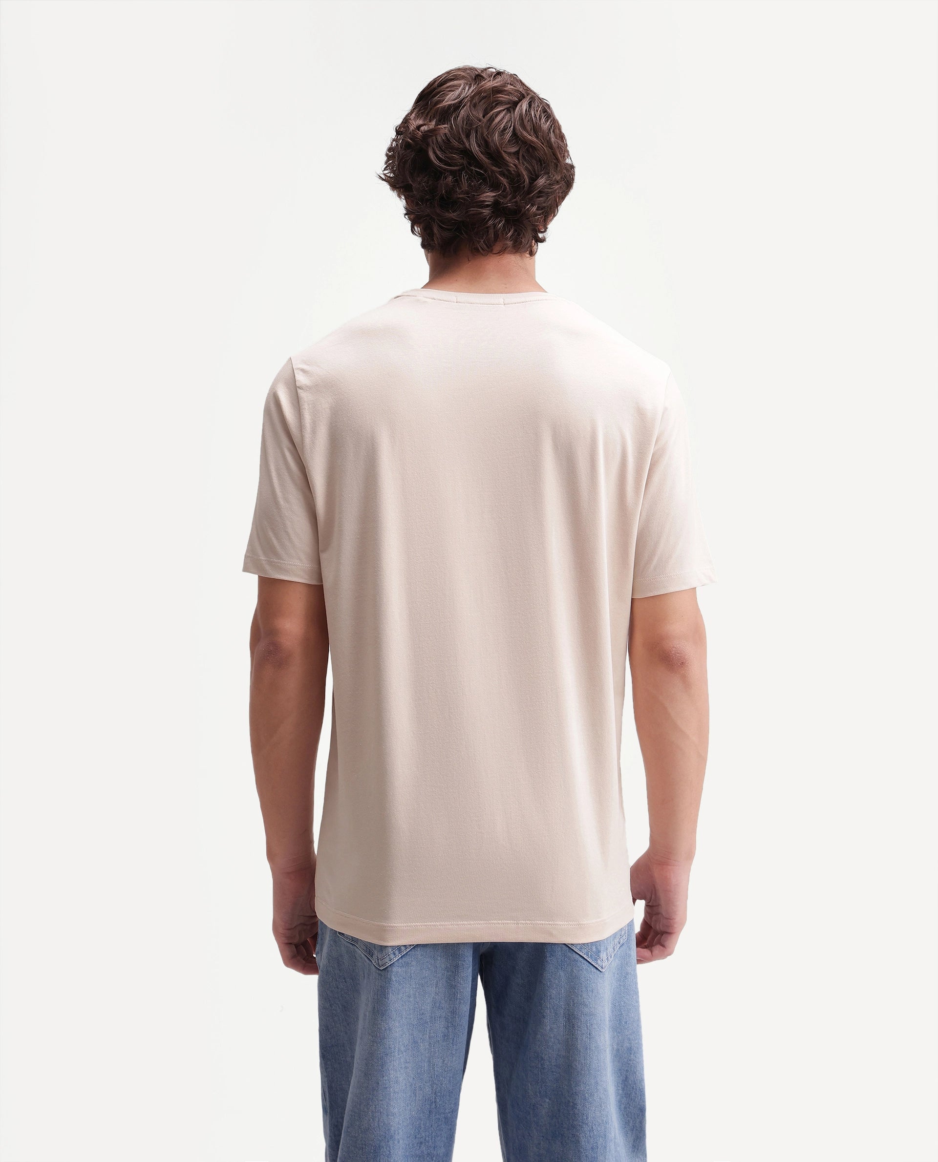 Rare Rabbit Men's Pexo Light Beige Cotton Blend Crew Neck Regular Graphic Print T-Shirt
