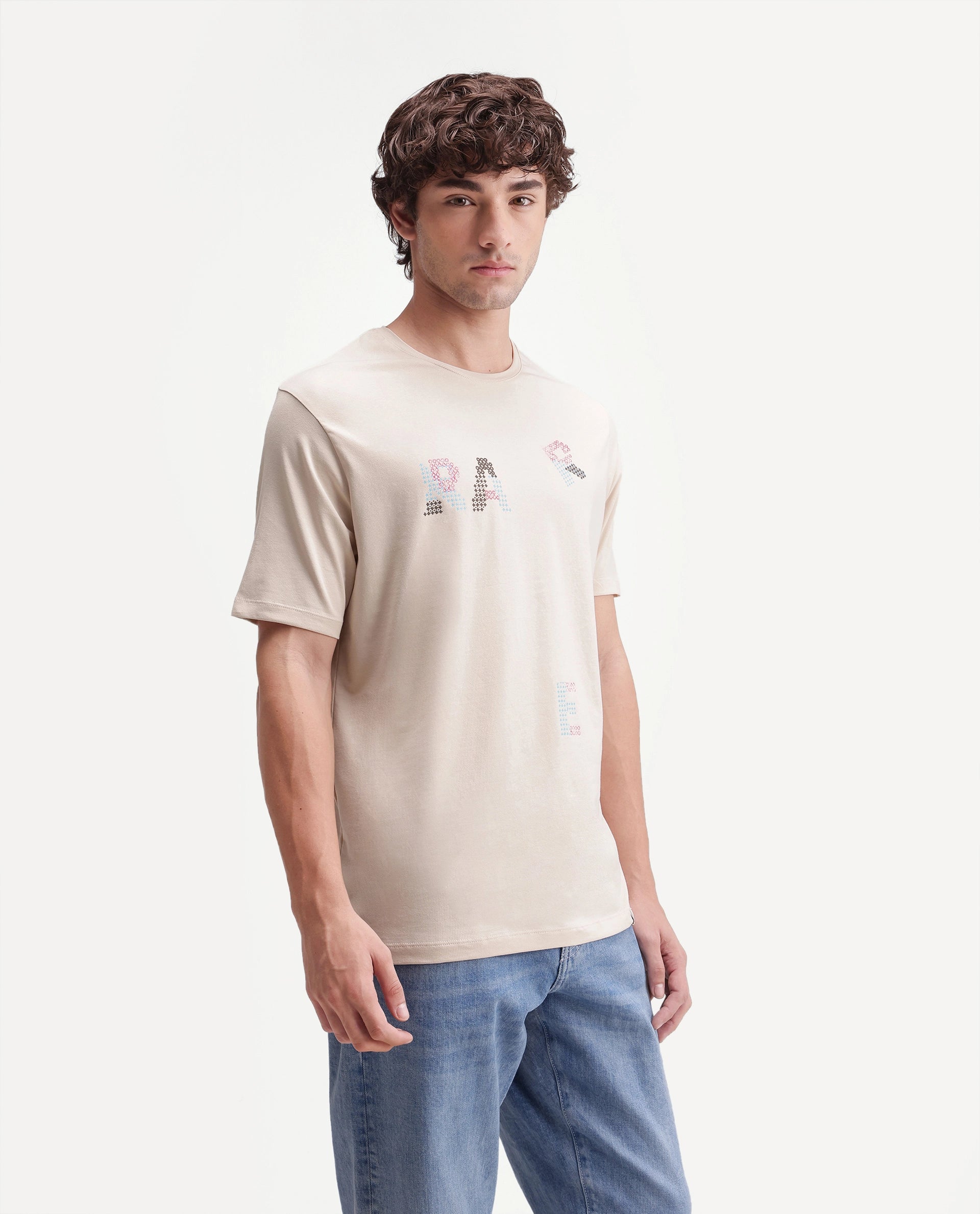 Rare Rabbit Men's Pexo Light Beige Cotton Blend Crew Neck Regular Graphic Print T-Shirt