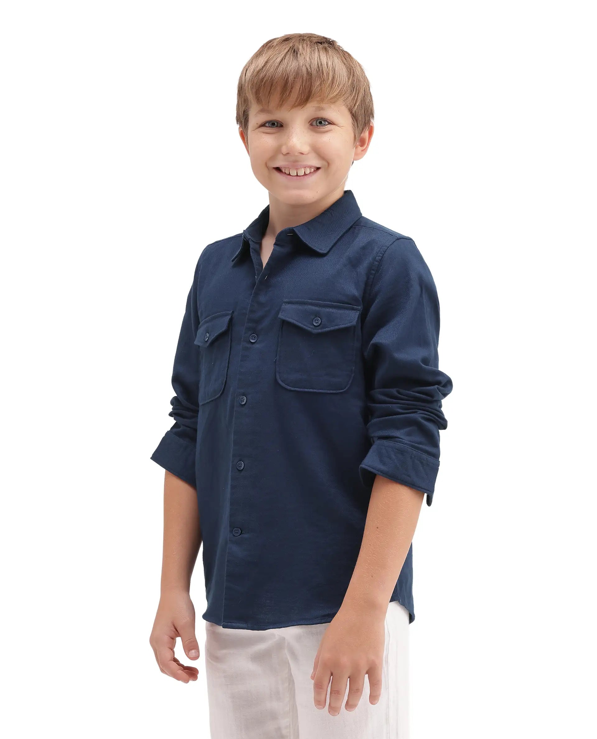 Rare Ones Kids Presso-T-K Dark Navy Cotton Fabric Button Closure Regular Plain Shirt