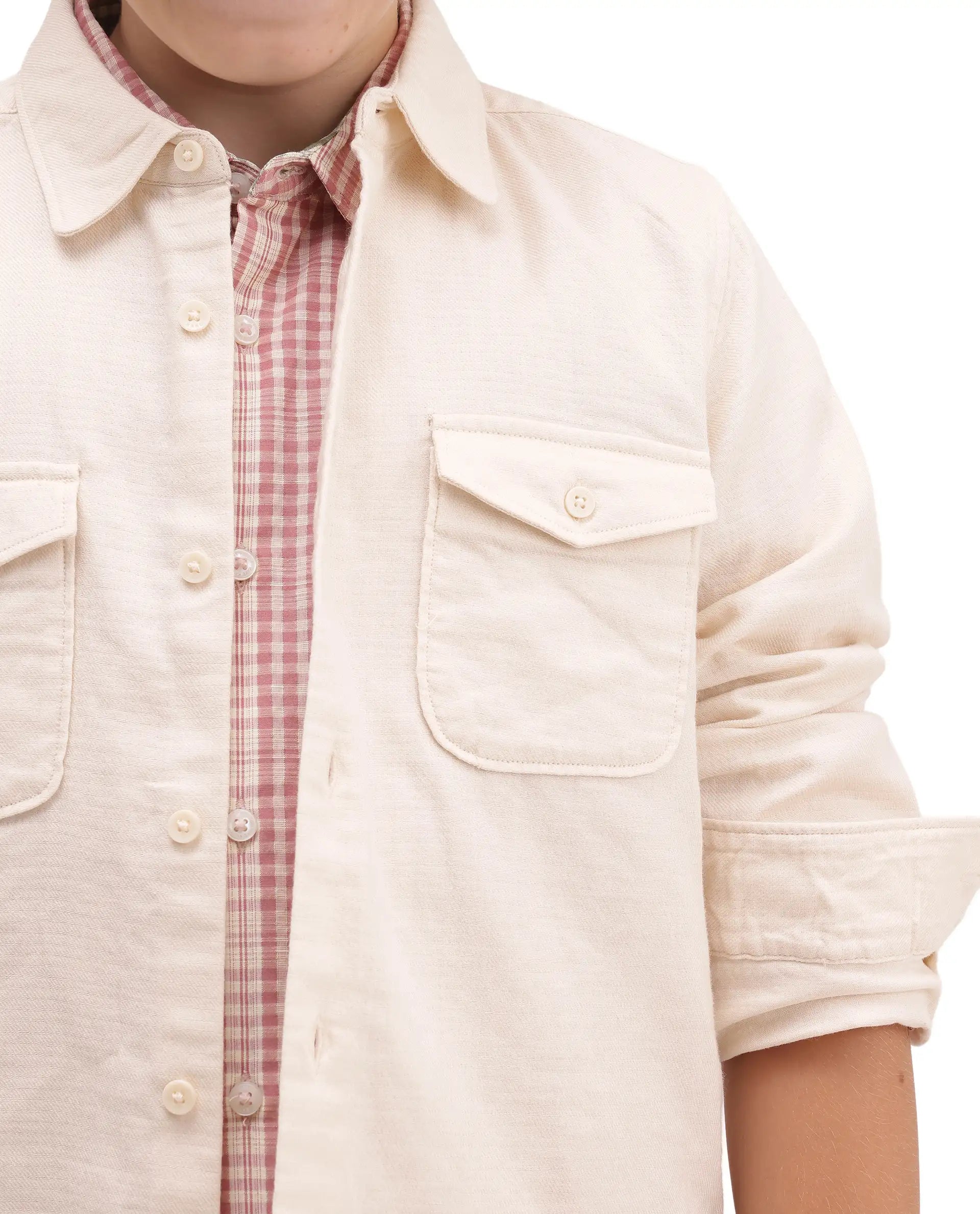 Rare Ones Kids Presso-T-K Light Beige Cotton Fabric Button Closure Regular Plain Shirt
