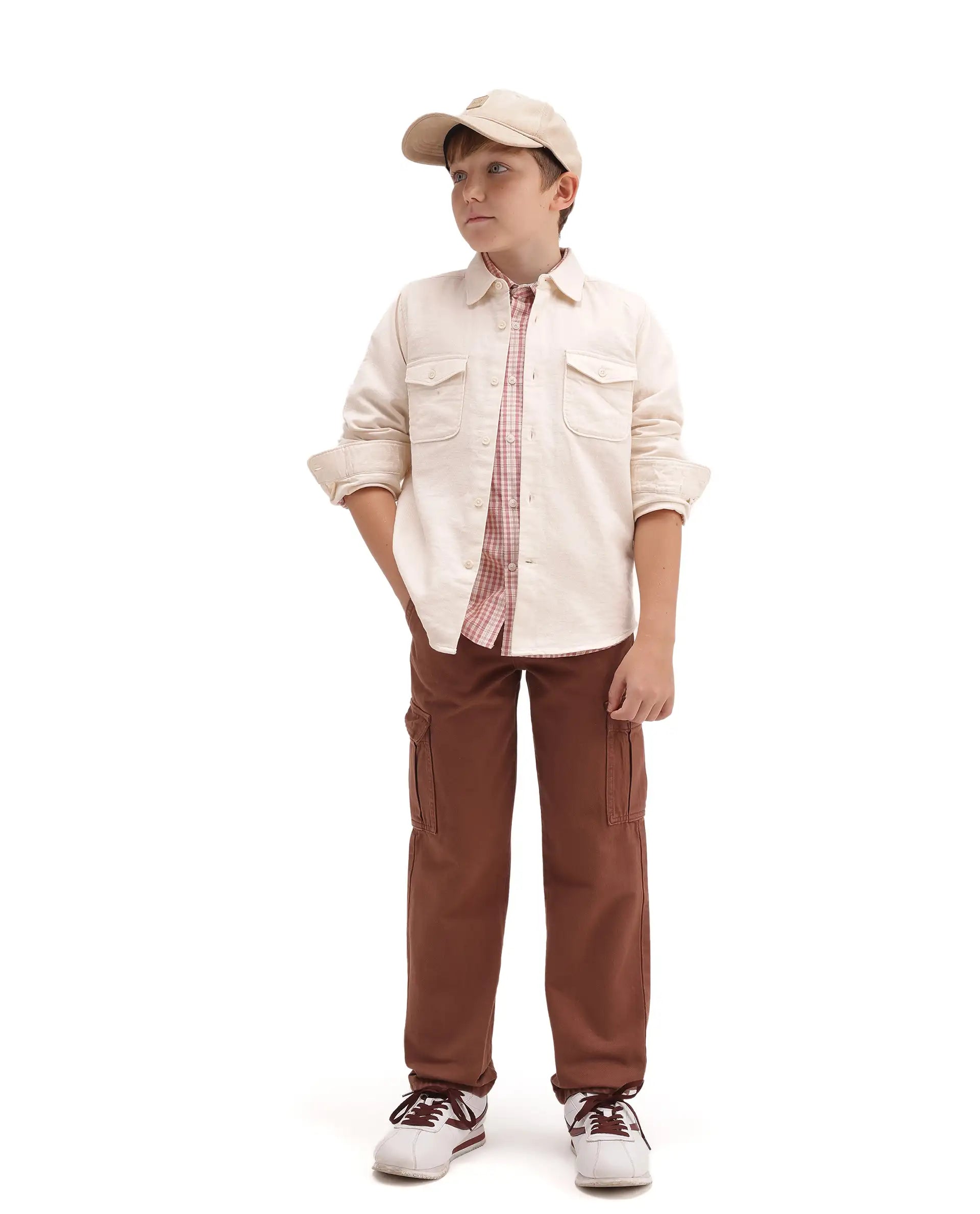 Rare Ones Kids Presso-T-K Light Beige Cotton Fabric Button Closure Regular Plain Shirt