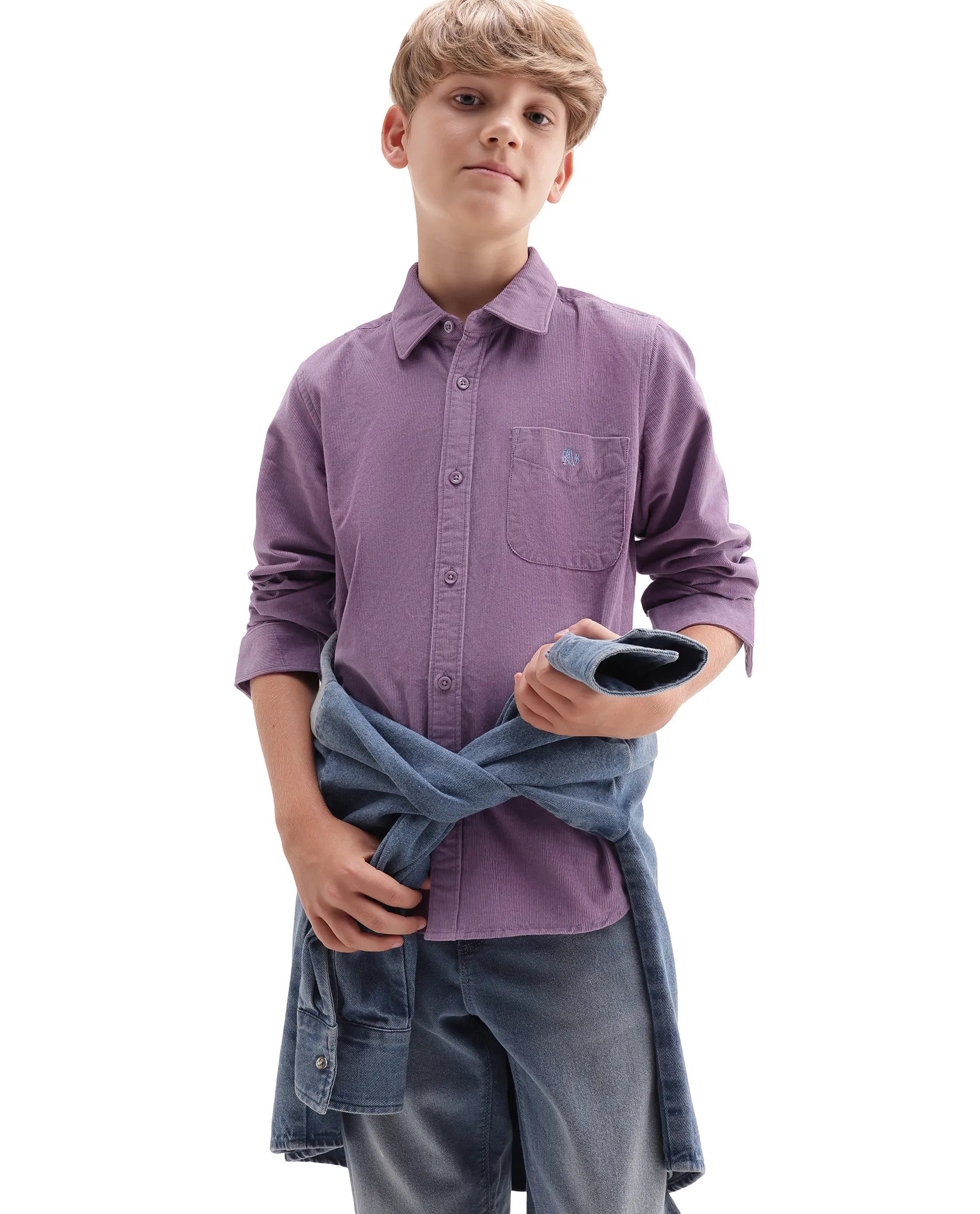 Rare Ones Kids Ceon Light Purple Cotton Fabric Button Closure Regular Plain Shirt