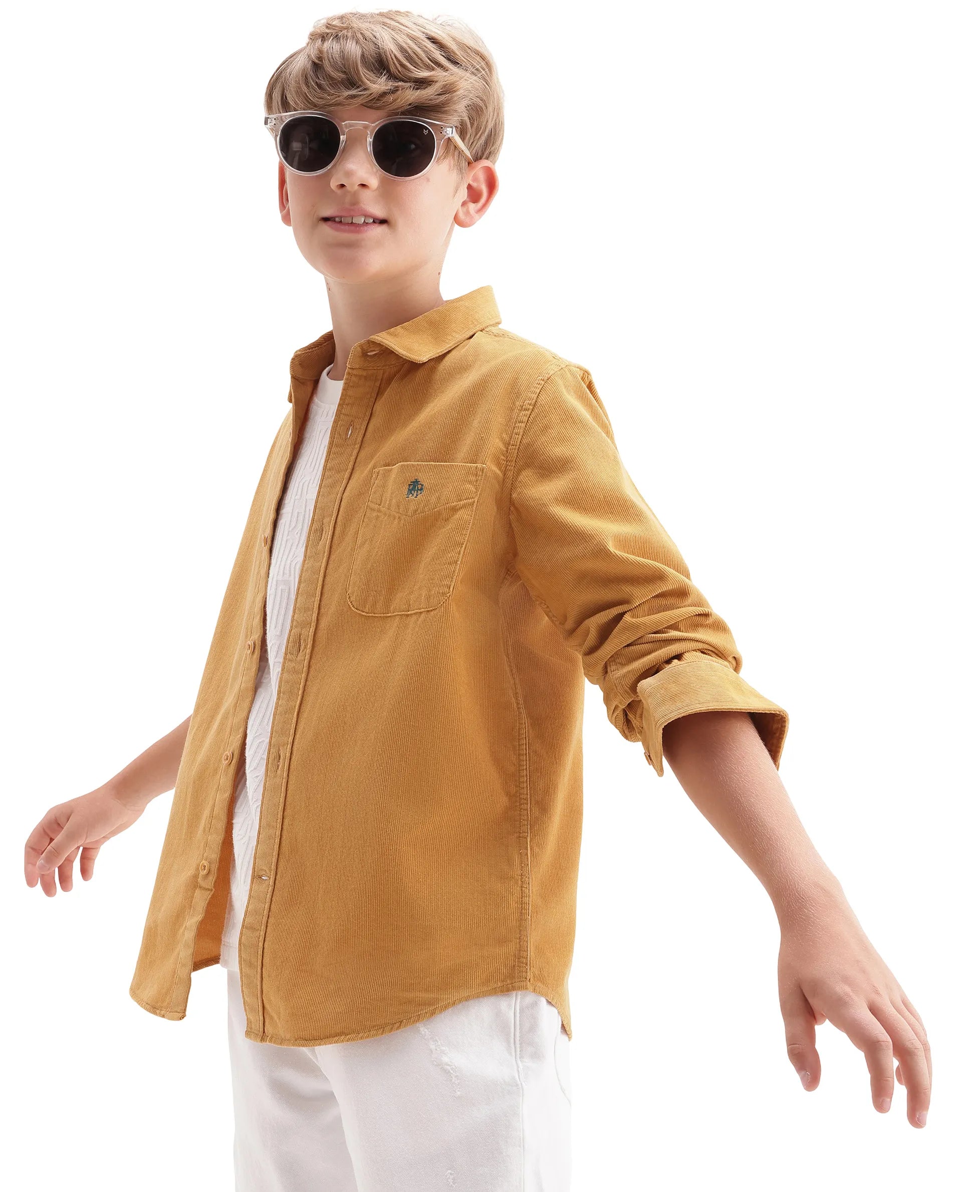Rare Ones Kids Ceon Mustard Cotton Fabric Button Closure Regular Plain Shirt