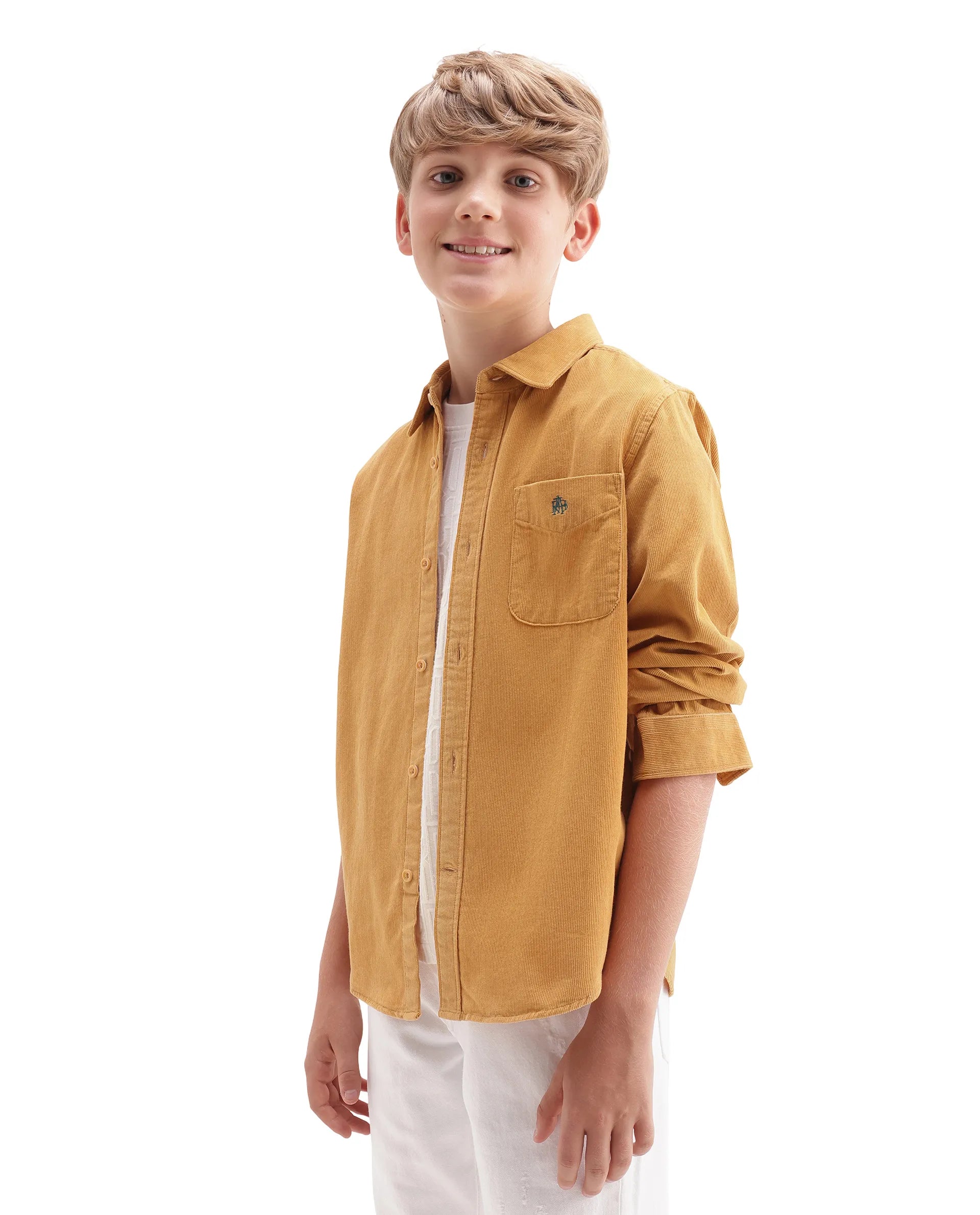 Rare Ones Kids Ceon Mustard Cotton Fabric Button Closure Regular Plain Shirt