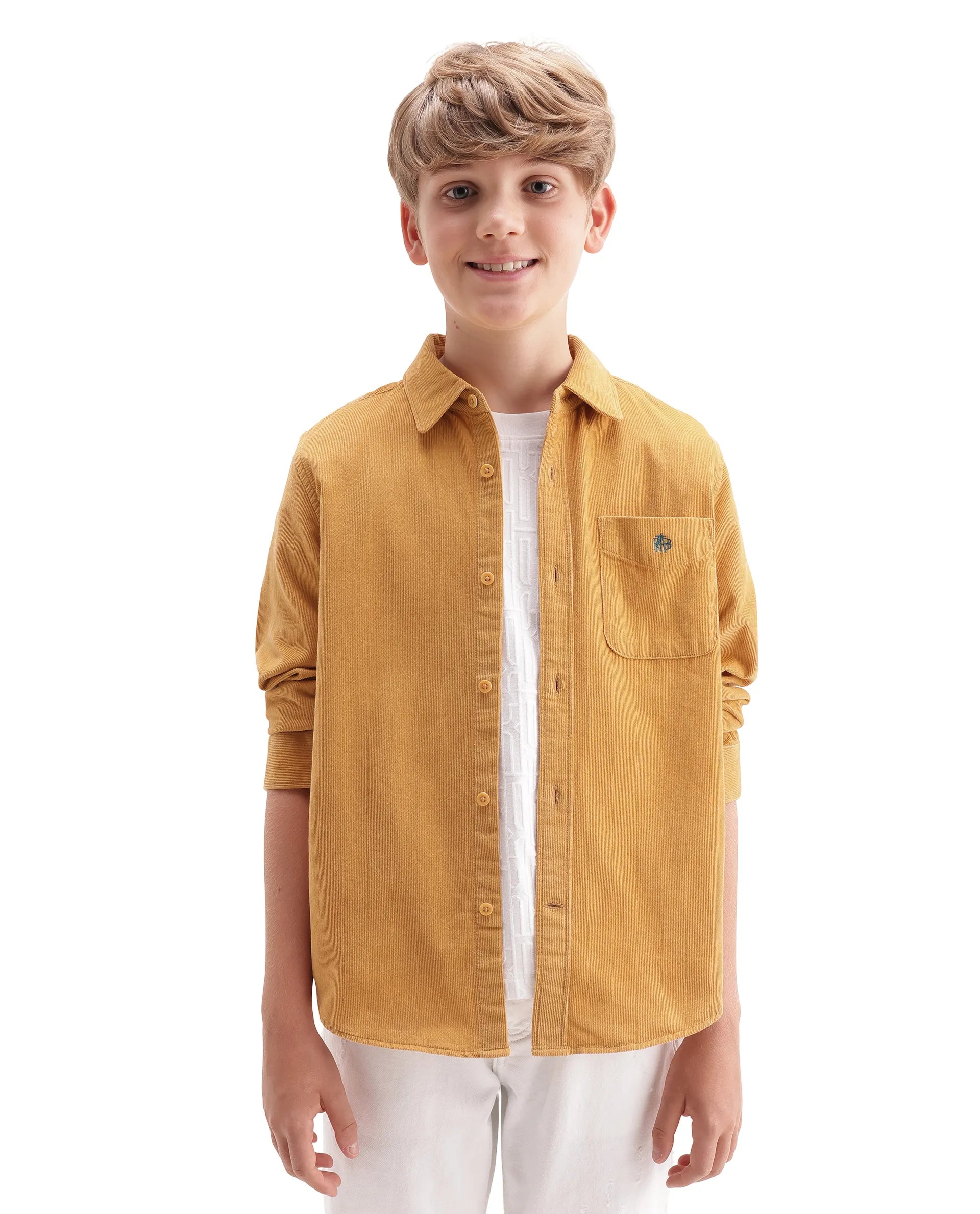 Rare Ones Kids Ceon Mustard Cotton Fabric Button Closure Regular Plain Shirt