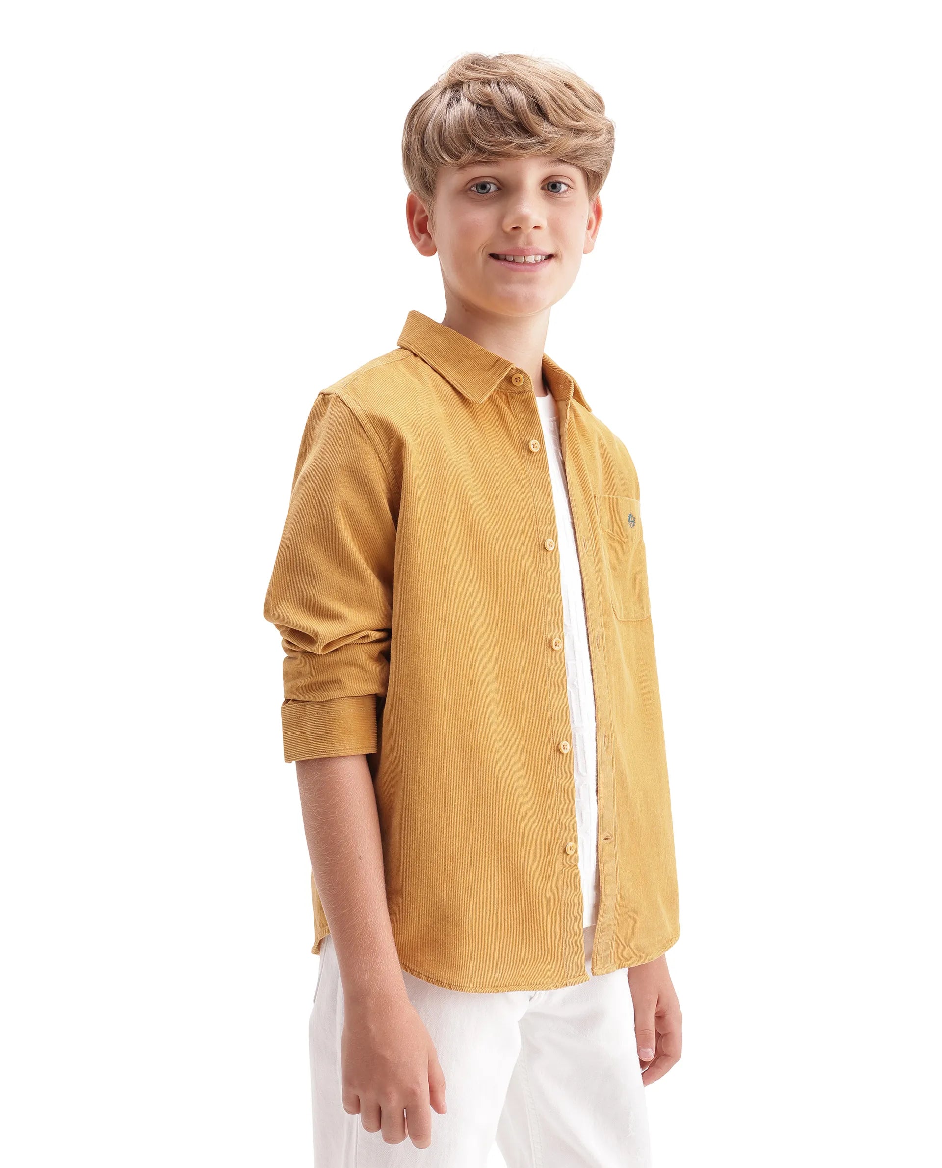 Rare Ones Kids Ceon Mustard Cotton Fabric Button Closure Regular Plain Shirt