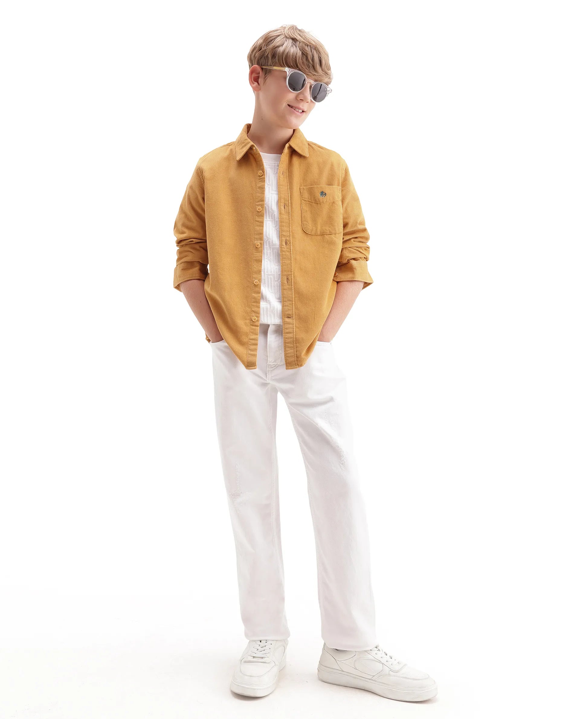 Rare Ones Kids Ceon Mustard Cotton Fabric Button Closure Regular Plain Shirt