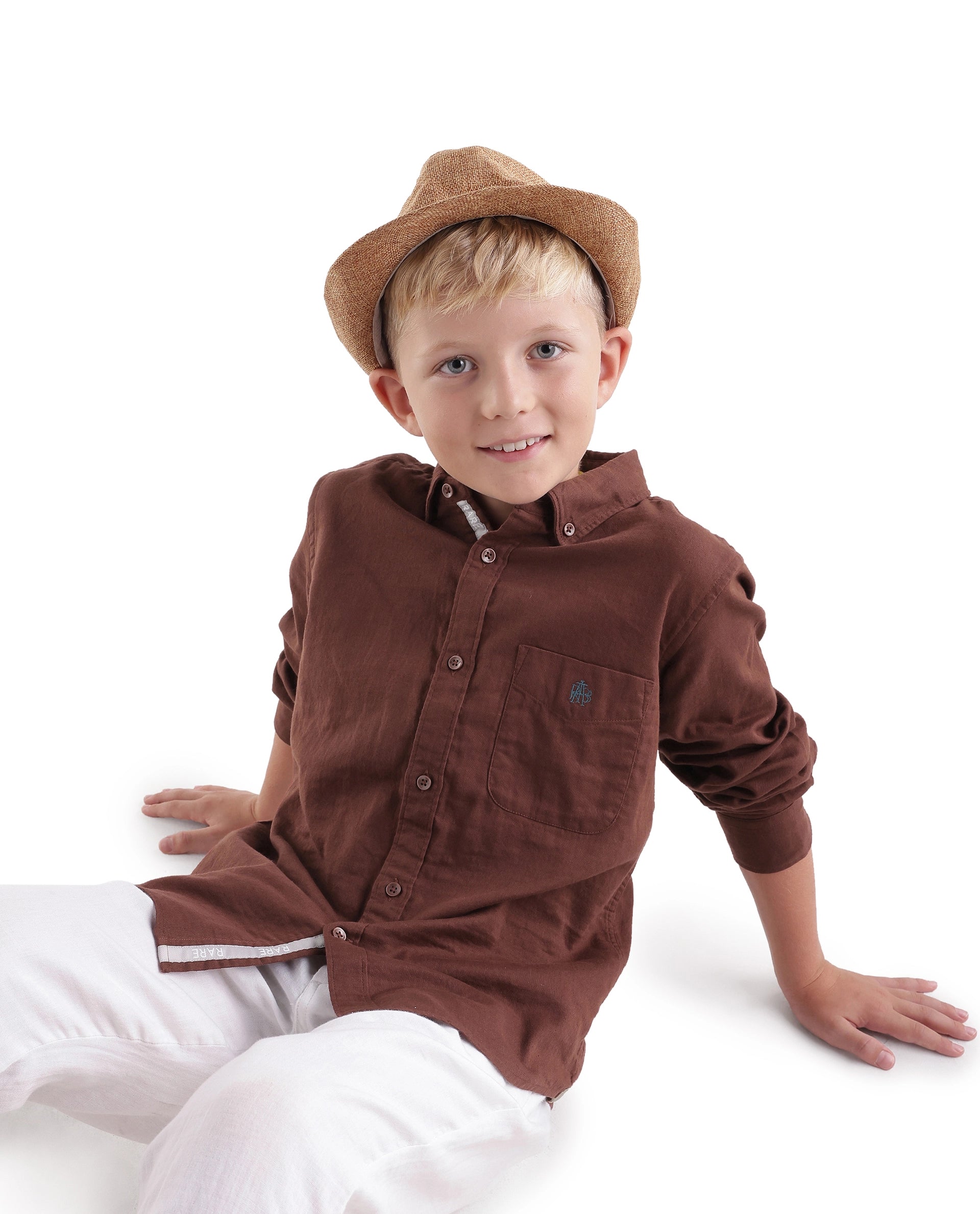Rare Ones Kids Layerr-Fs-K -Aw26 Dark Rust Cotton Fabric Button Closure Regular Plain Shirt