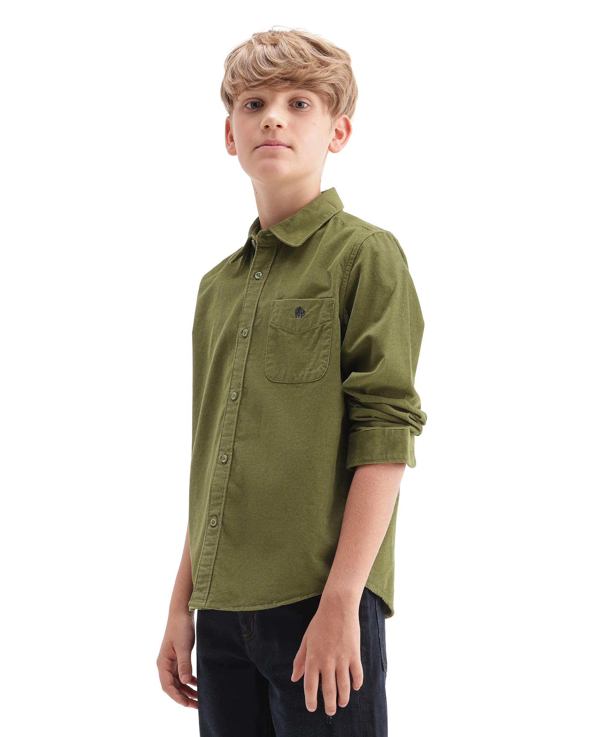 Rare Ones Kids Ceon Light Green Cotton Fabric Button Closure Regular Plain Shirt