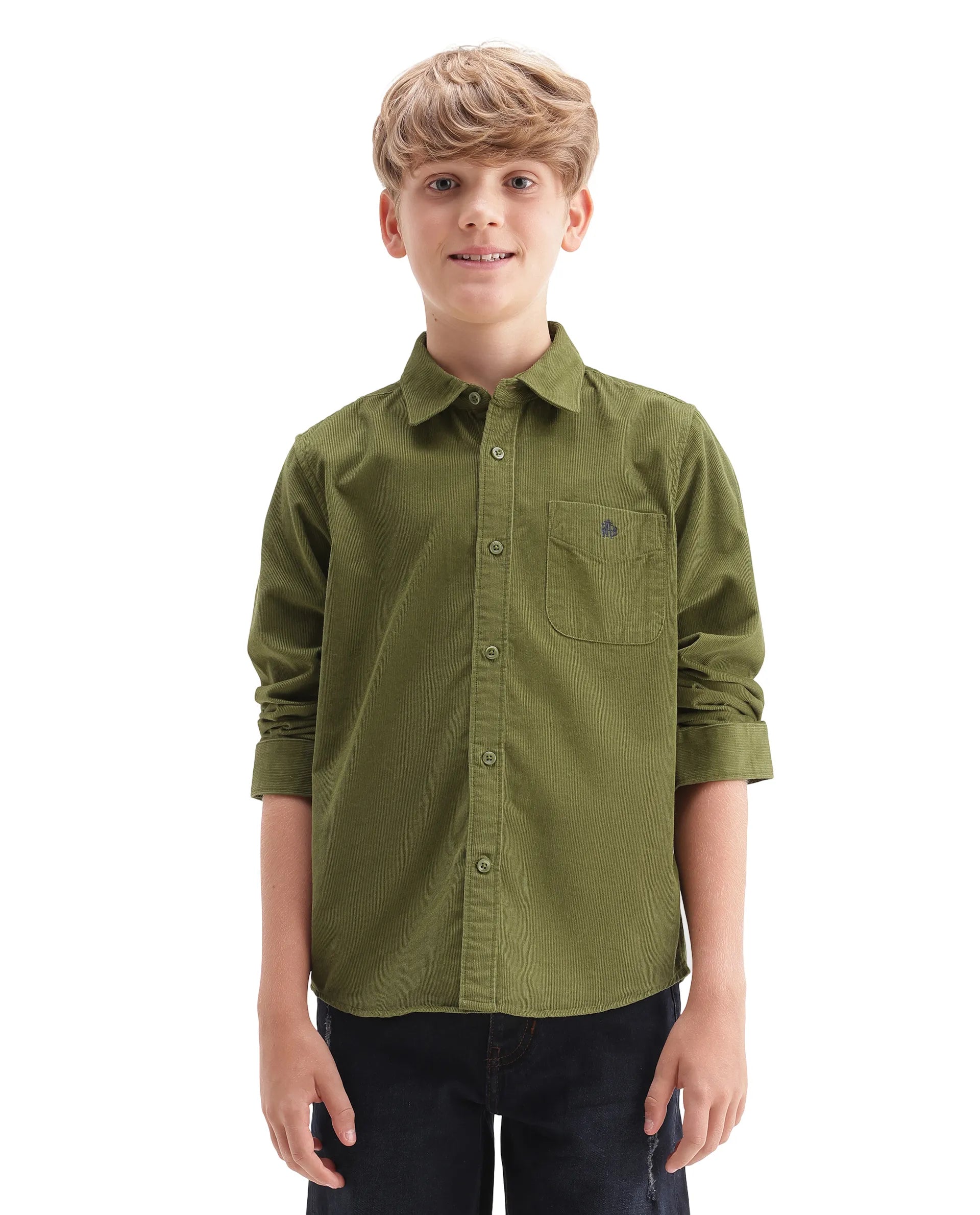 Rare Ones Kids Ceon Light Green Cotton Fabric Button Closure Regular Plain Shirt