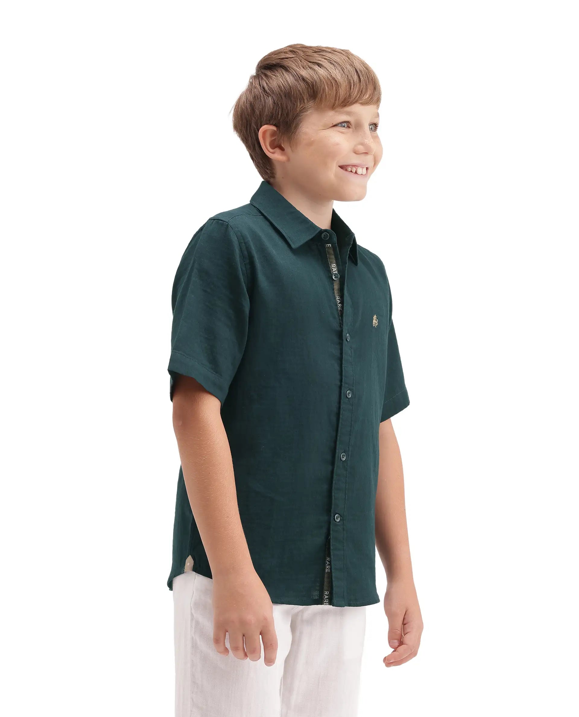 Rare Ones Kids Layerr-Hs-K-Aw26 Dark Teal Cotton Fabric Button Closure Regular Plain Shirt