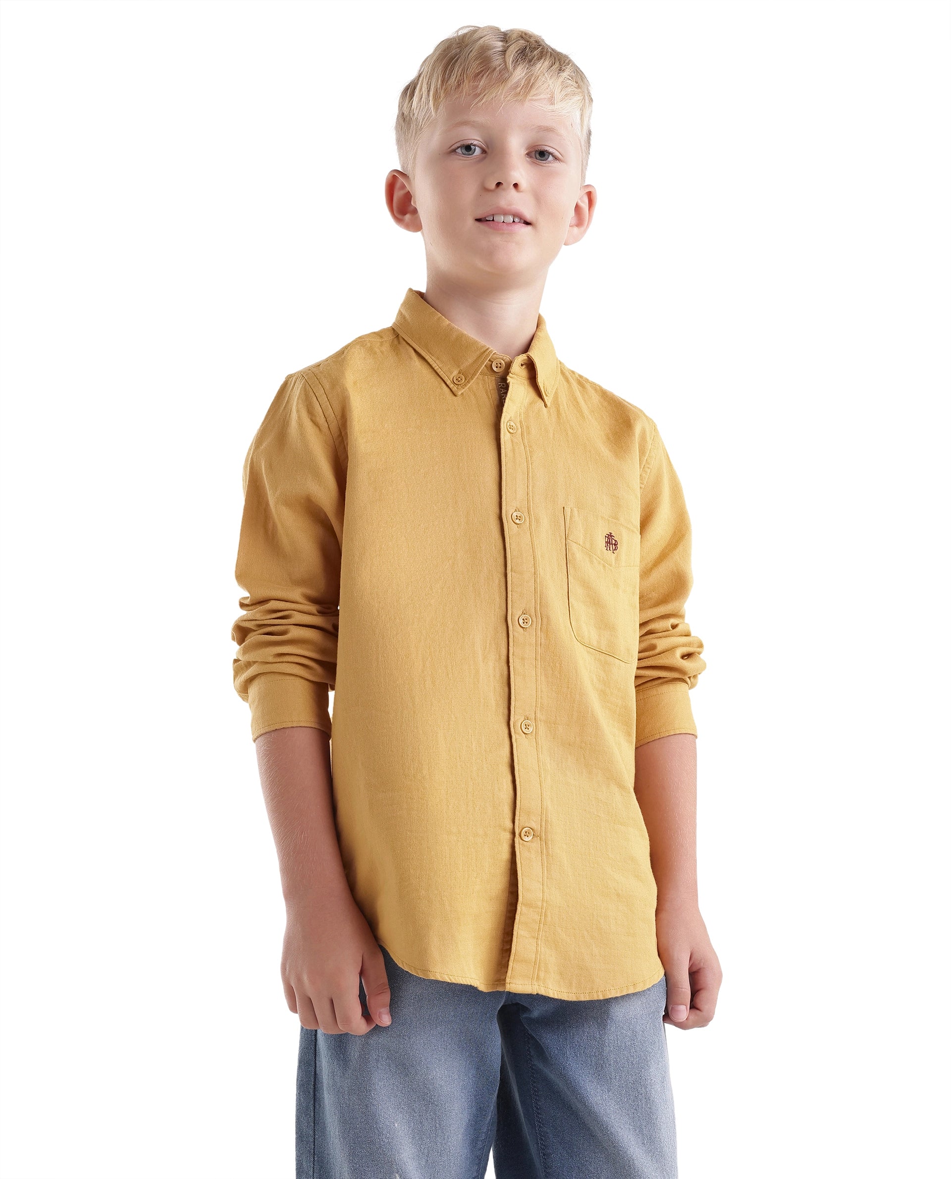 Rare Ones Kids Layerr-Fs-K -Aw26 Mustard Cotton Fabric Button Closure Regular Plain Shirt