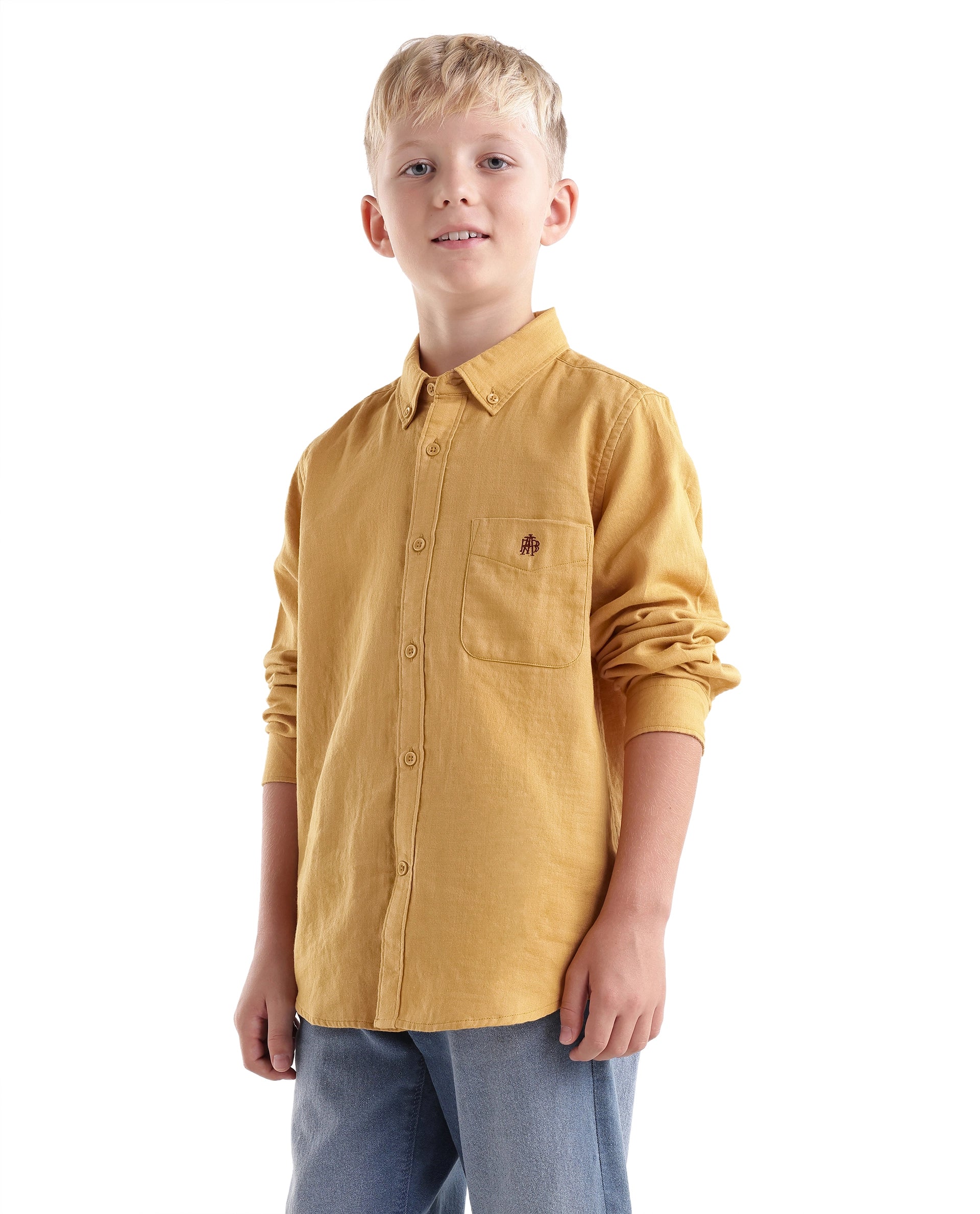 Rare Ones Kids Layerr-Fs-K -Aw26 Mustard Cotton Fabric Button Closure Regular Plain Shirt