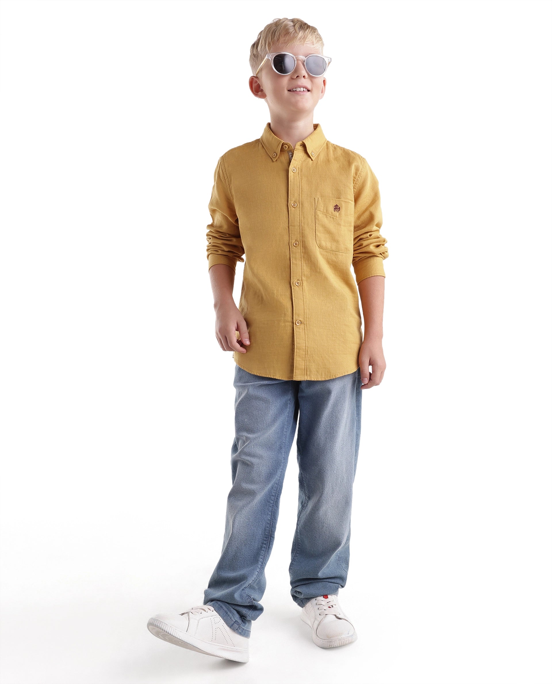 Rare Ones Kids Layerr-Fs-K -Aw26 Mustard Cotton Fabric Button Closure Regular Plain Shirt