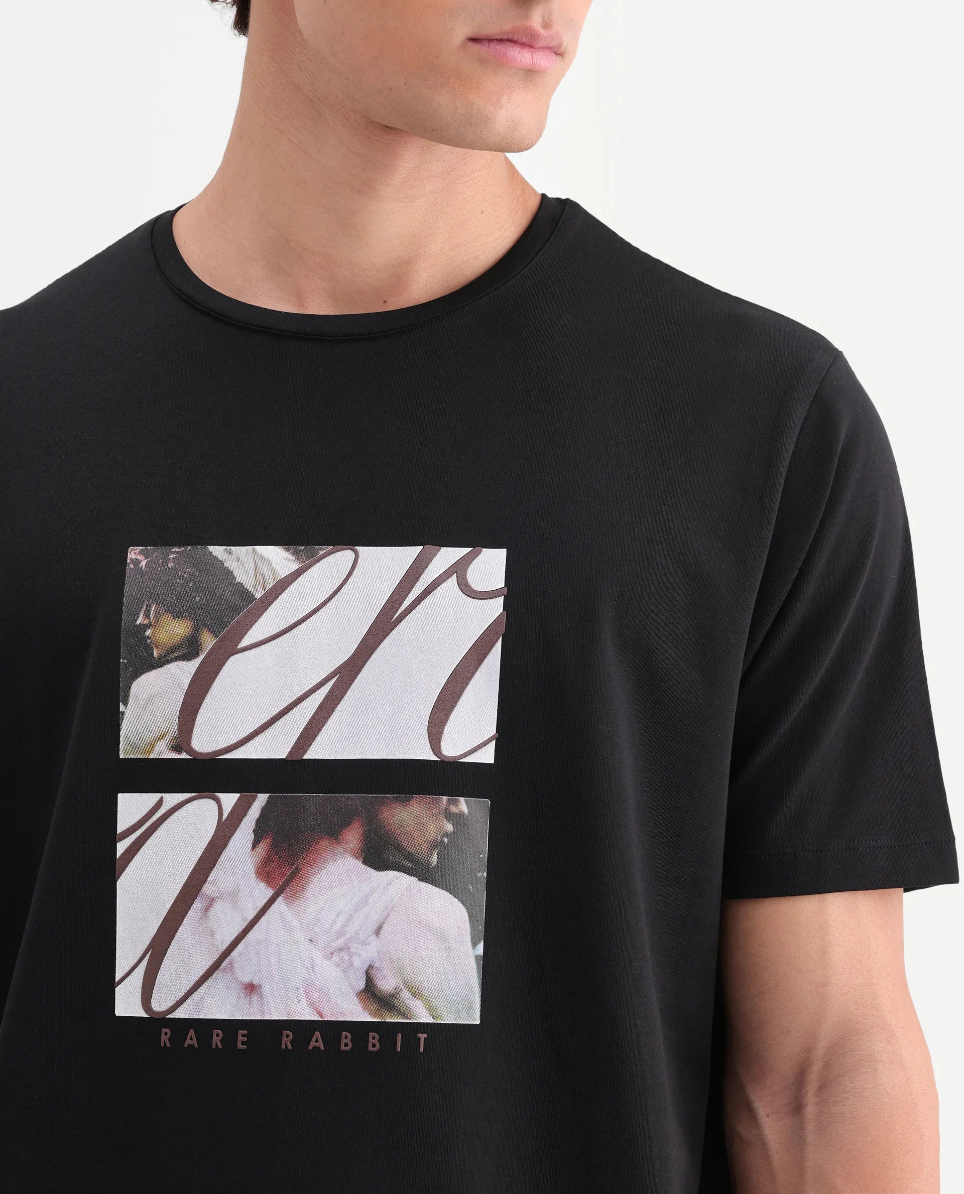 Rare Rabbit Men's Lobe Black Cotton Blend Crew Neck Regular Graphic Print T-Shirt