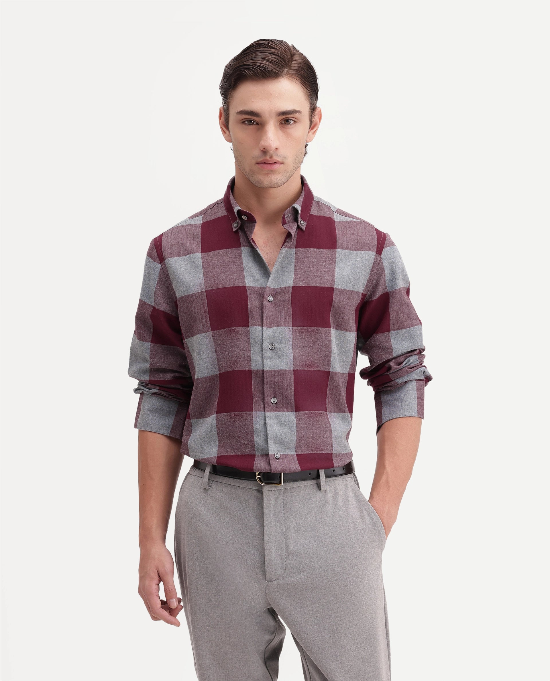Rare Rabbit Men's Tenz Primary Red Cotton Blend Spread Collar Regular Checks Shirt