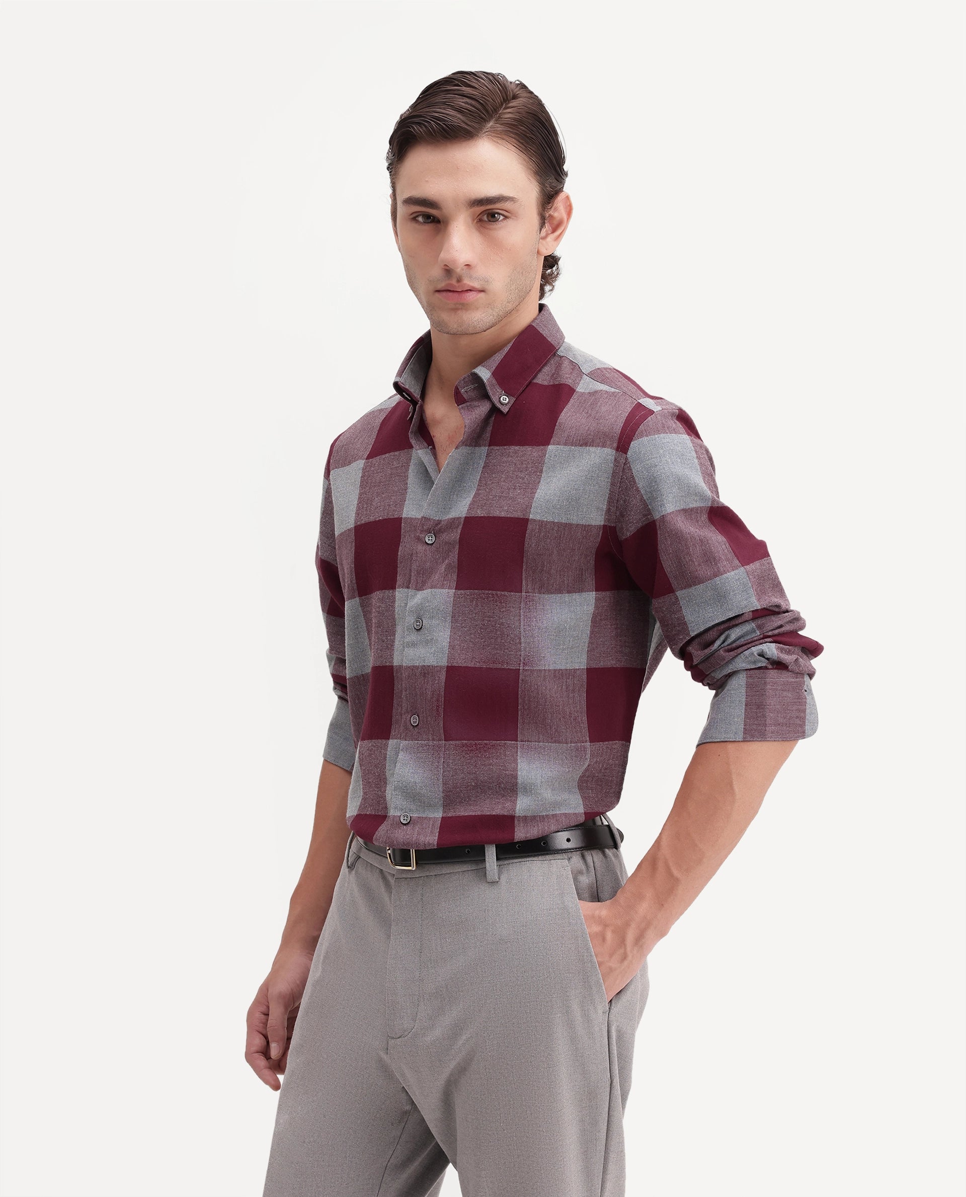 Rare Rabbit Men's Tenz Primary Red Cotton Blend Spread Collar Regular Checks Shirt