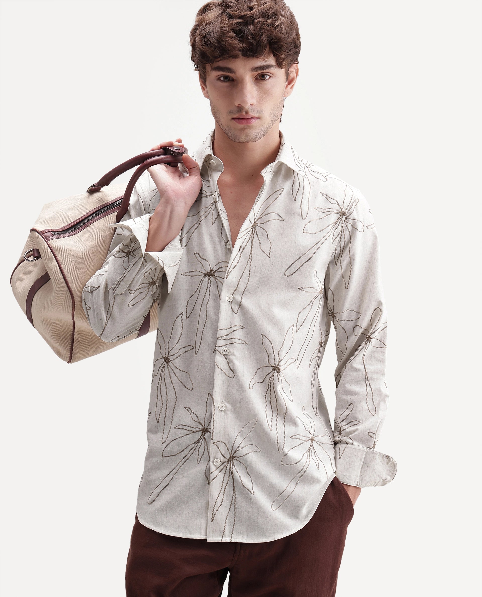 Rare Rabbit Men's Draco Primary Off White Linen Blend Spread Collar Regular Embroidered Shirt