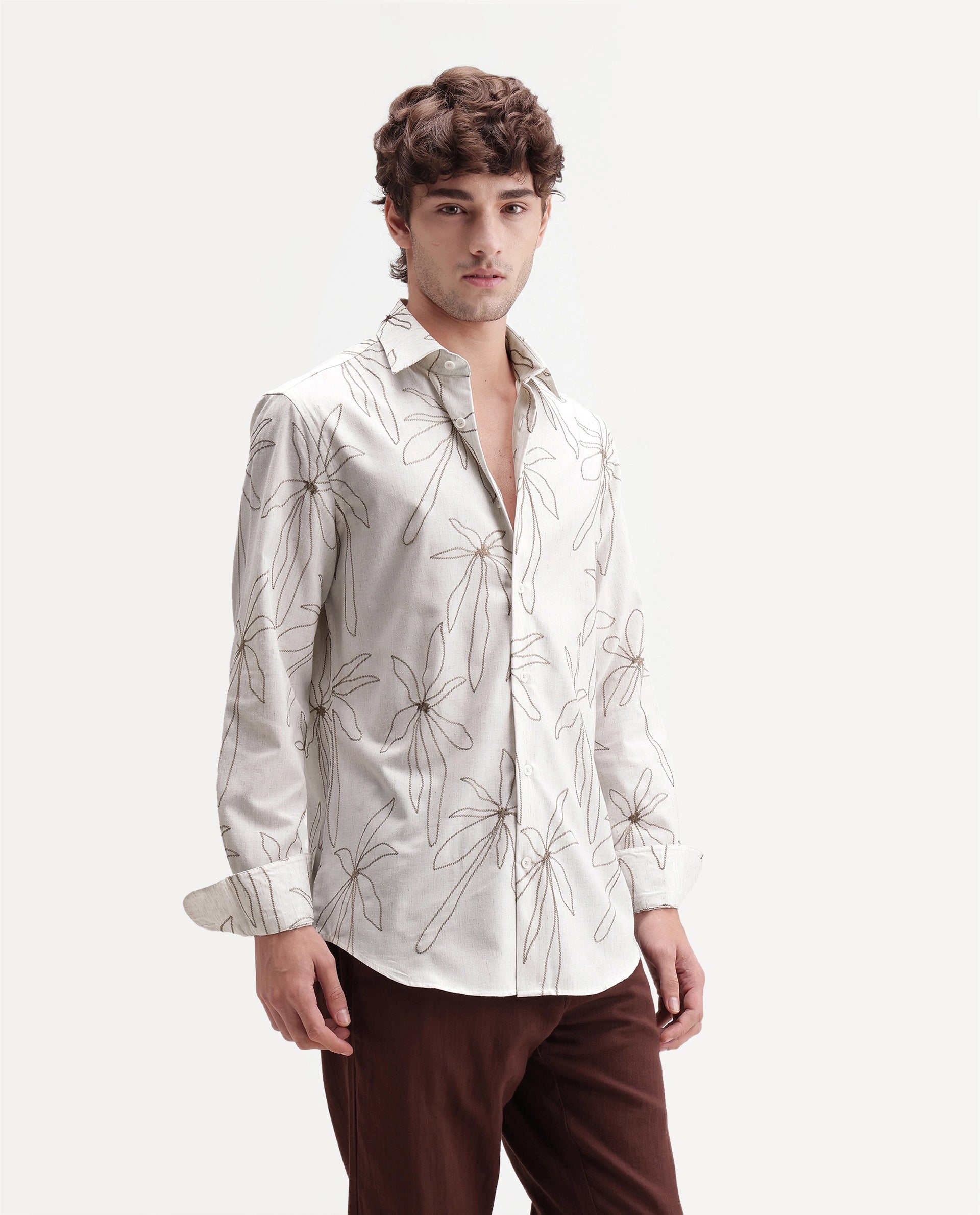 Rare Rabbit Men's Draco Primary Off White Linen Blend Spread Collar Regular Embroidered Shirt