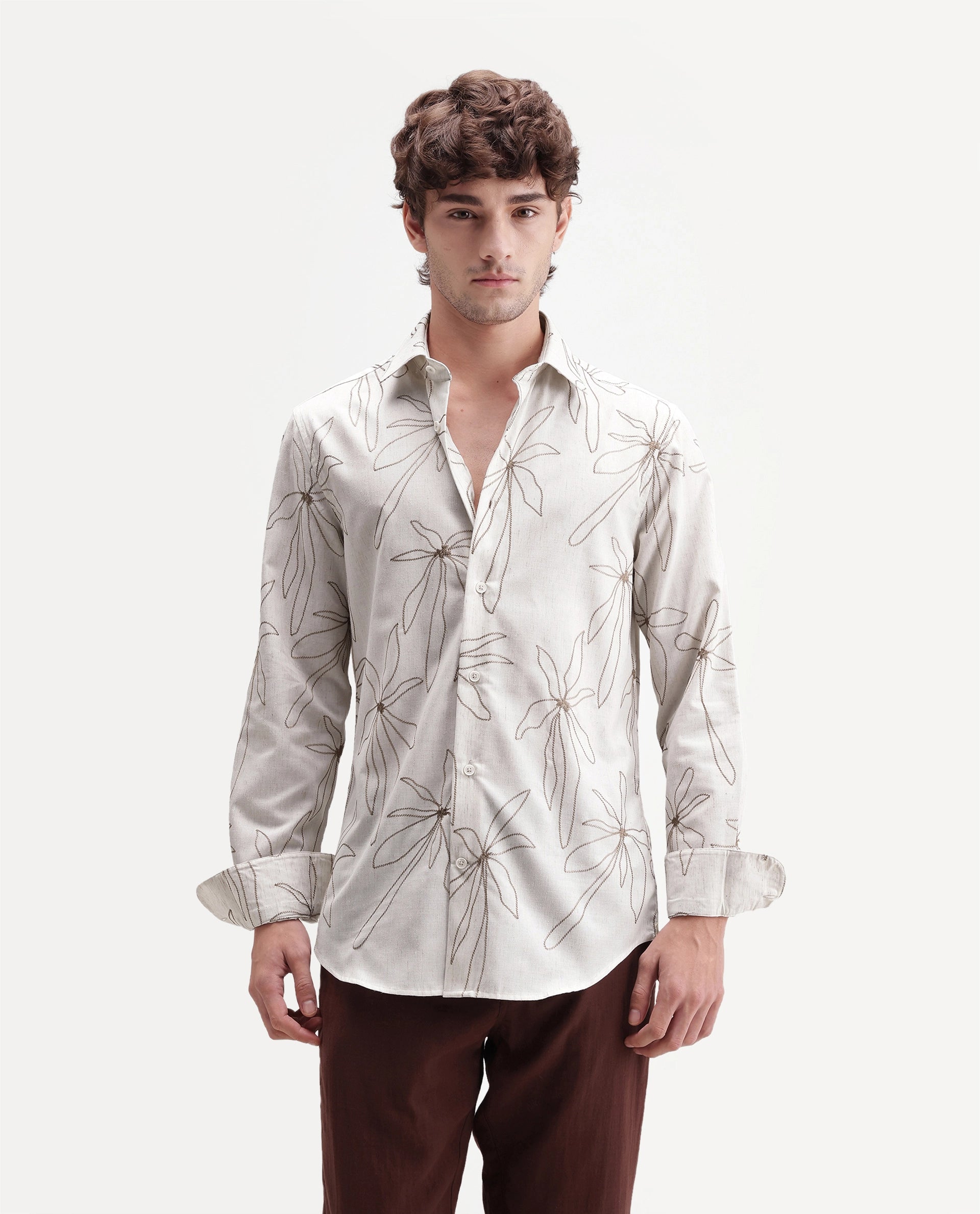 Rare Rabbit Men's Draco Primary Off White Linen Blend Spread Collar Regular Embroidered Shirt
