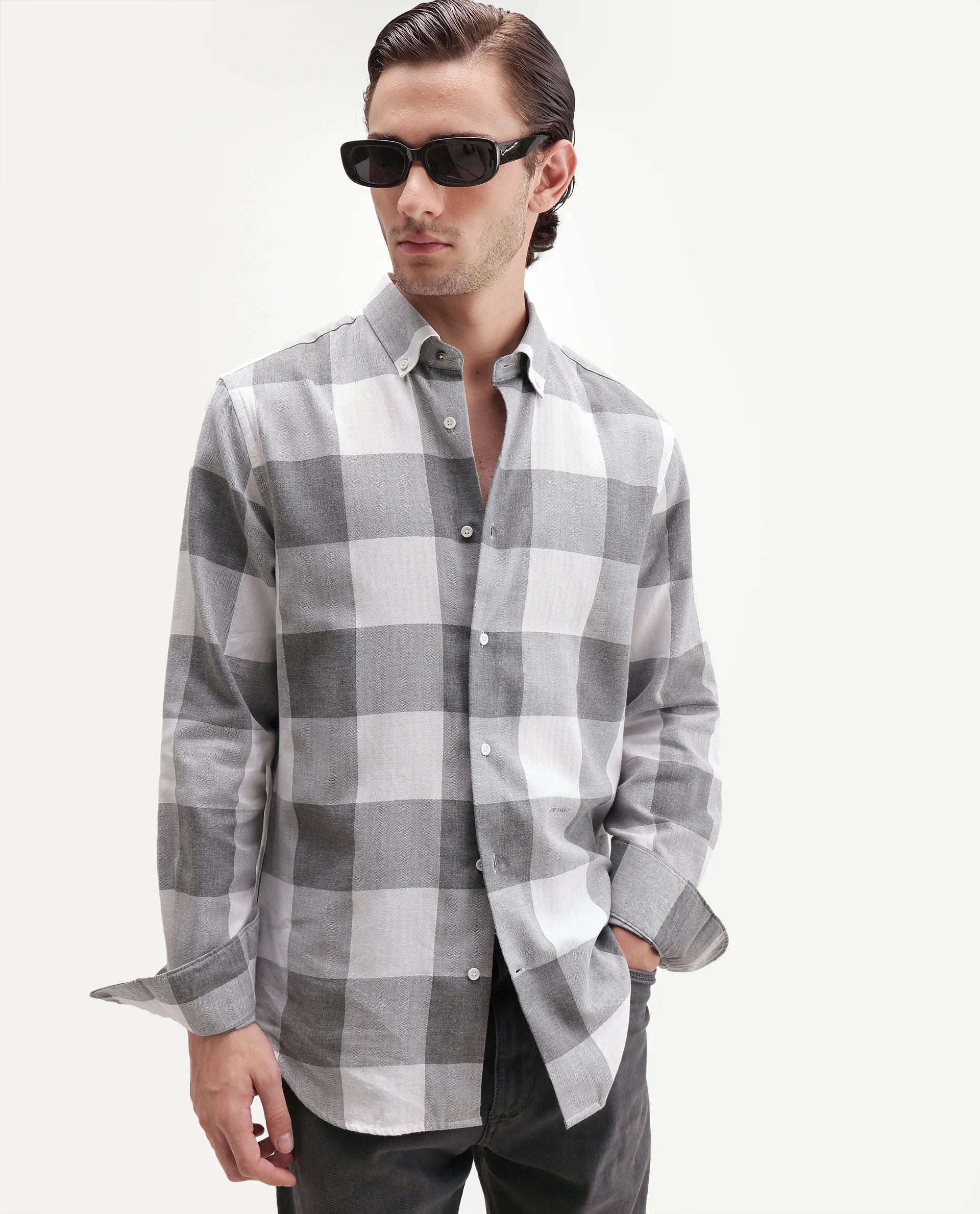 Rare Rabbit Men's Tenz Primary Grey Cotton Blend Spread Collar Regular Checks Shirt