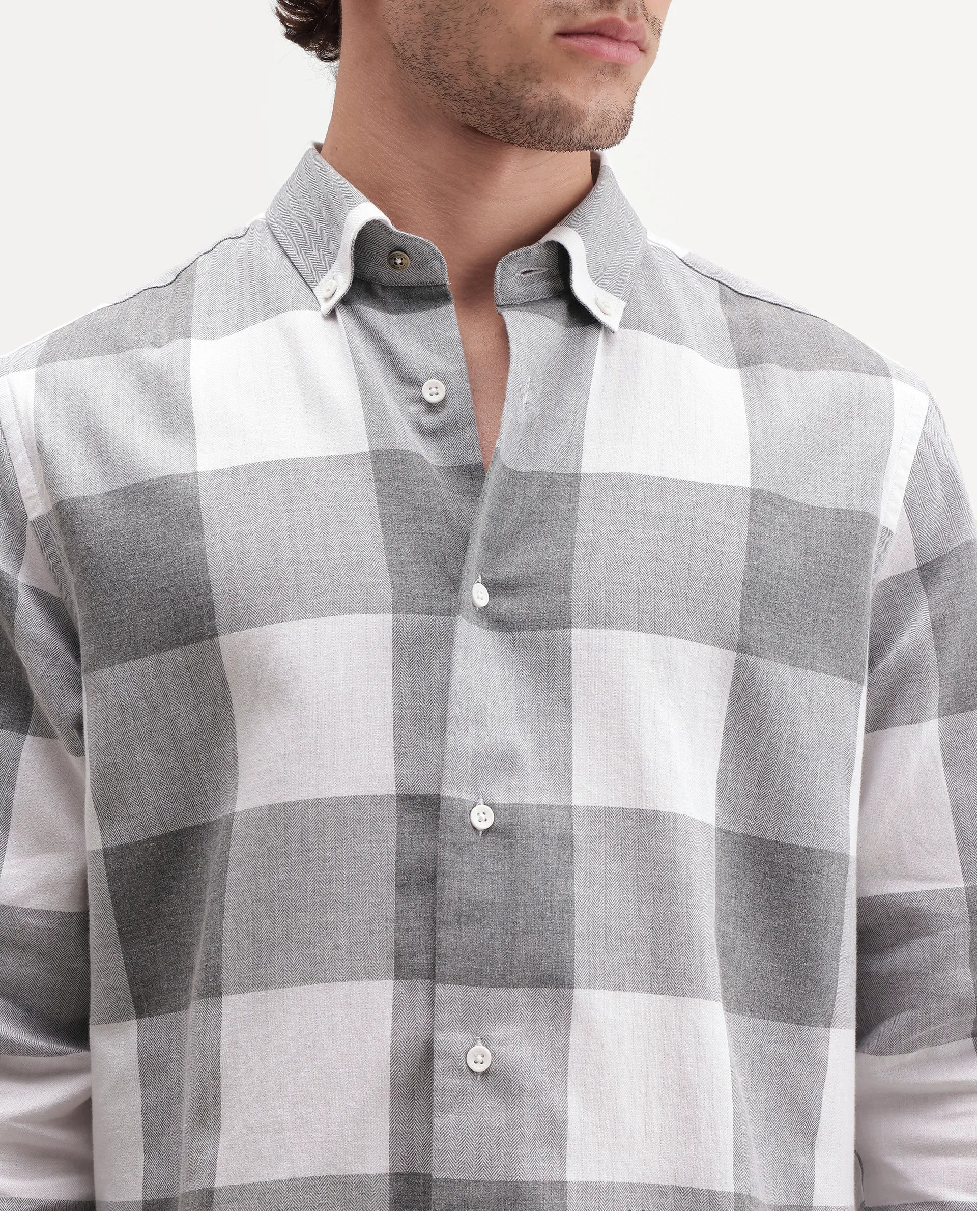Rare Rabbit Men's Tenz Primary Grey Cotton Blend Spread Collar Regular Checks Shirt