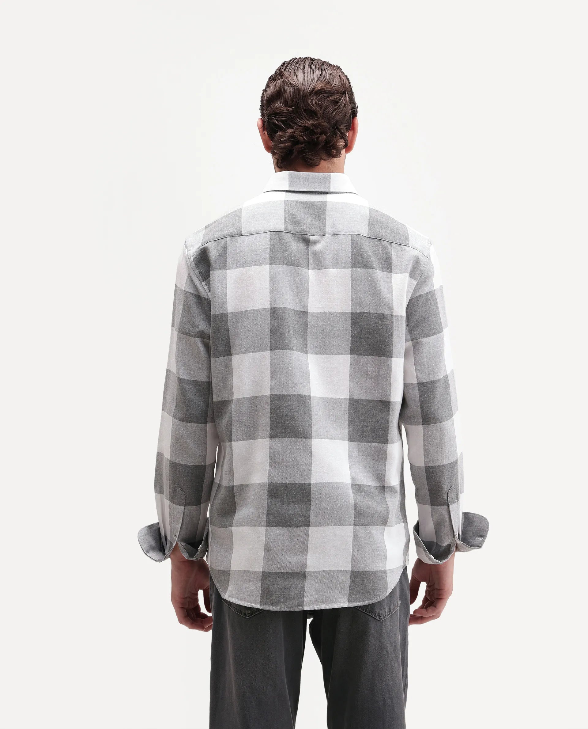 Rare Rabbit Men's Tenz Primary Grey Cotton Blend Spread Collar Regular Checks Shirt
