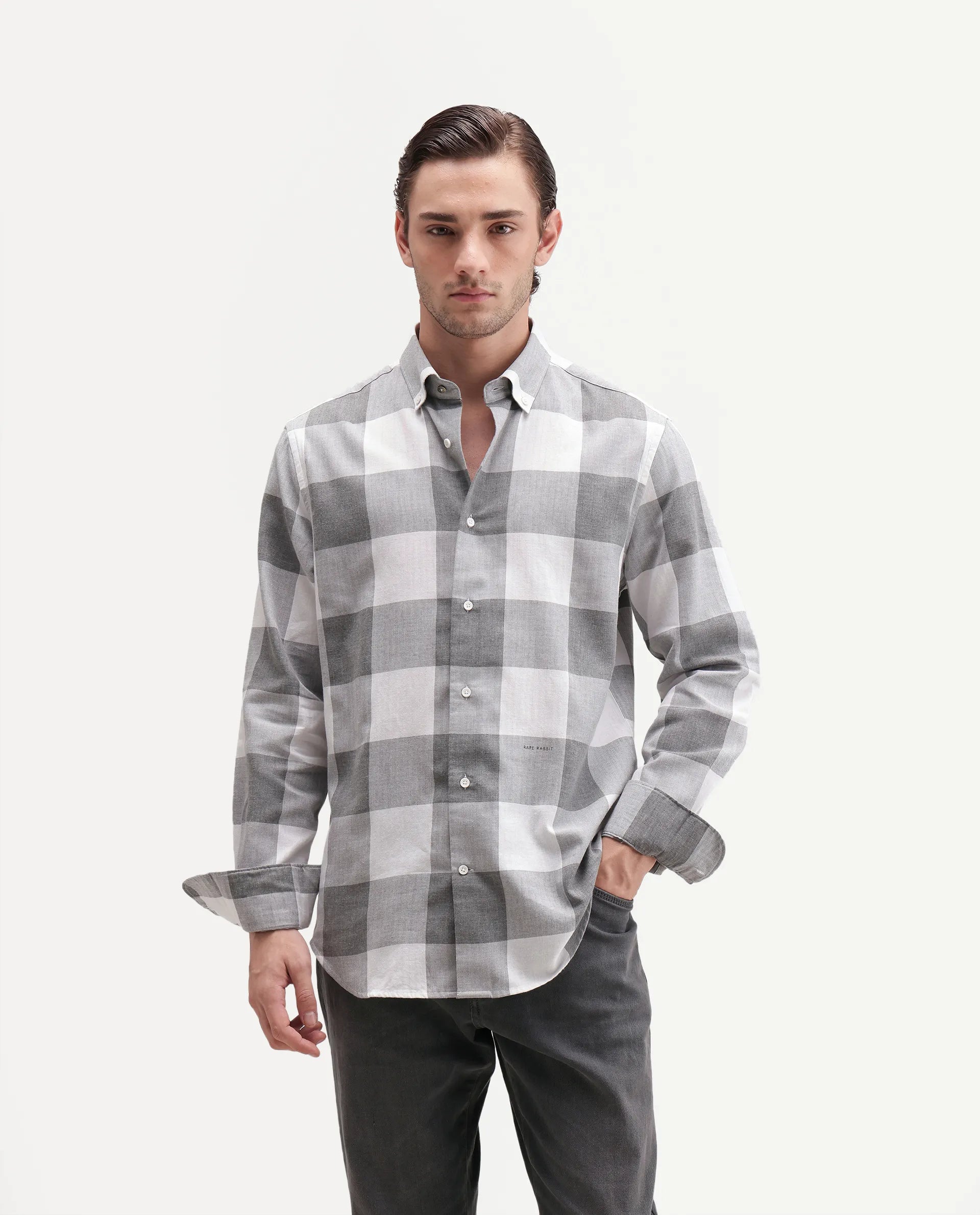 Rare Rabbit Men's Tenz Primary Grey Cotton Blend Spread Collar Regular Checks Shirt