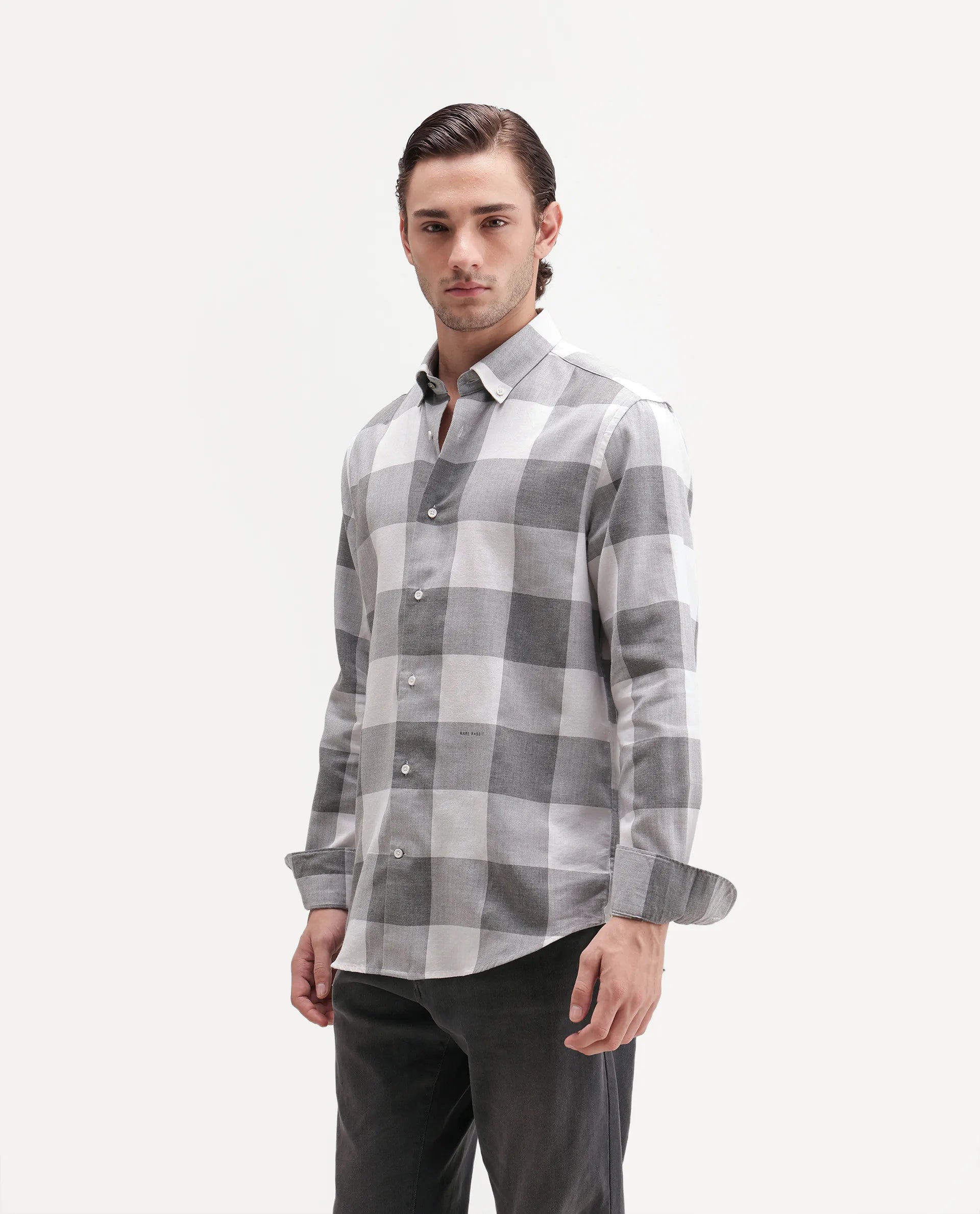 Rare Rabbit Men's Tenz Primary Grey Cotton Blend Spread Collar Regular Checks Shirt