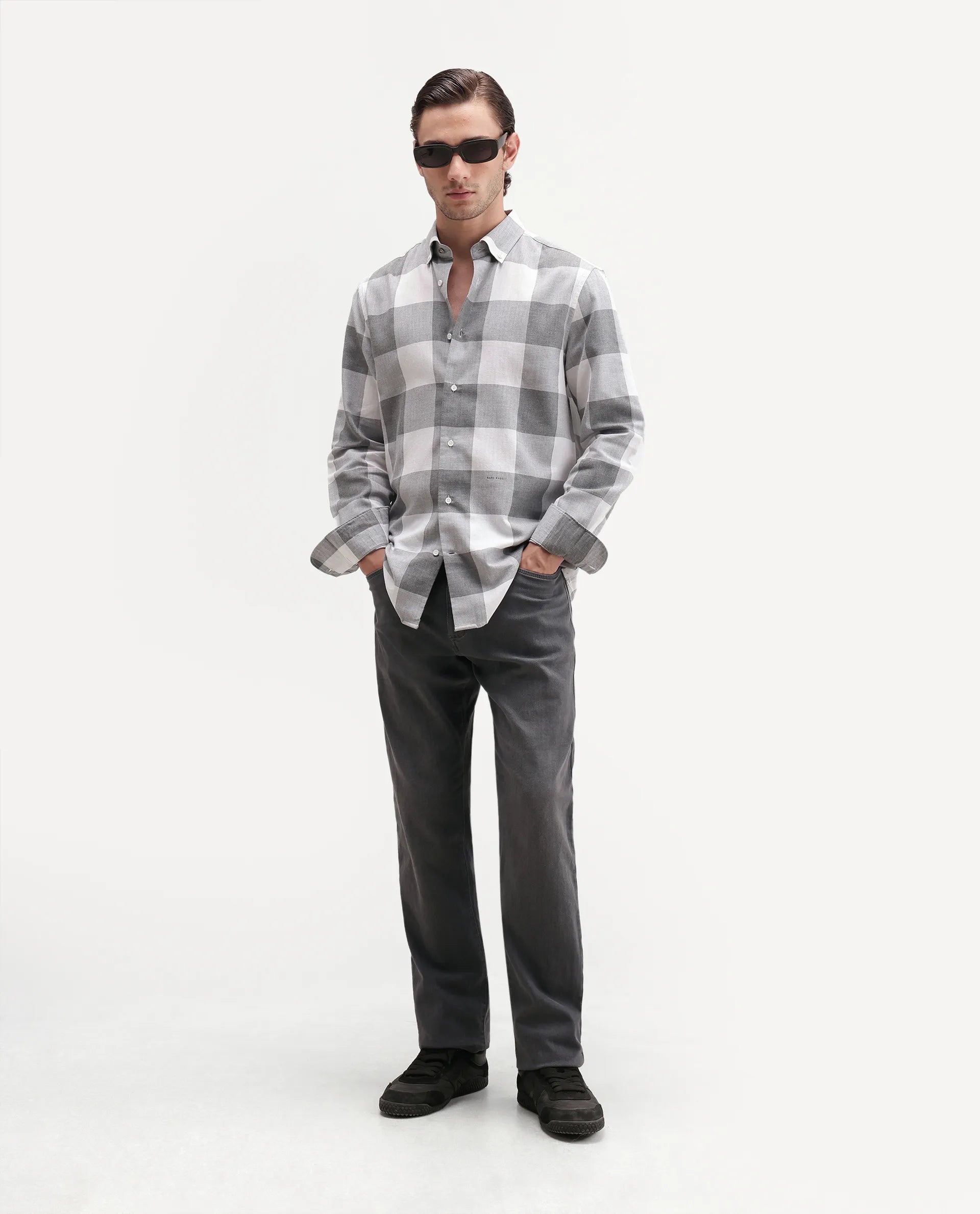 Rare Rabbit Men's Tenz Primary Grey Cotton Blend Spread Collar Regular Checks Shirt