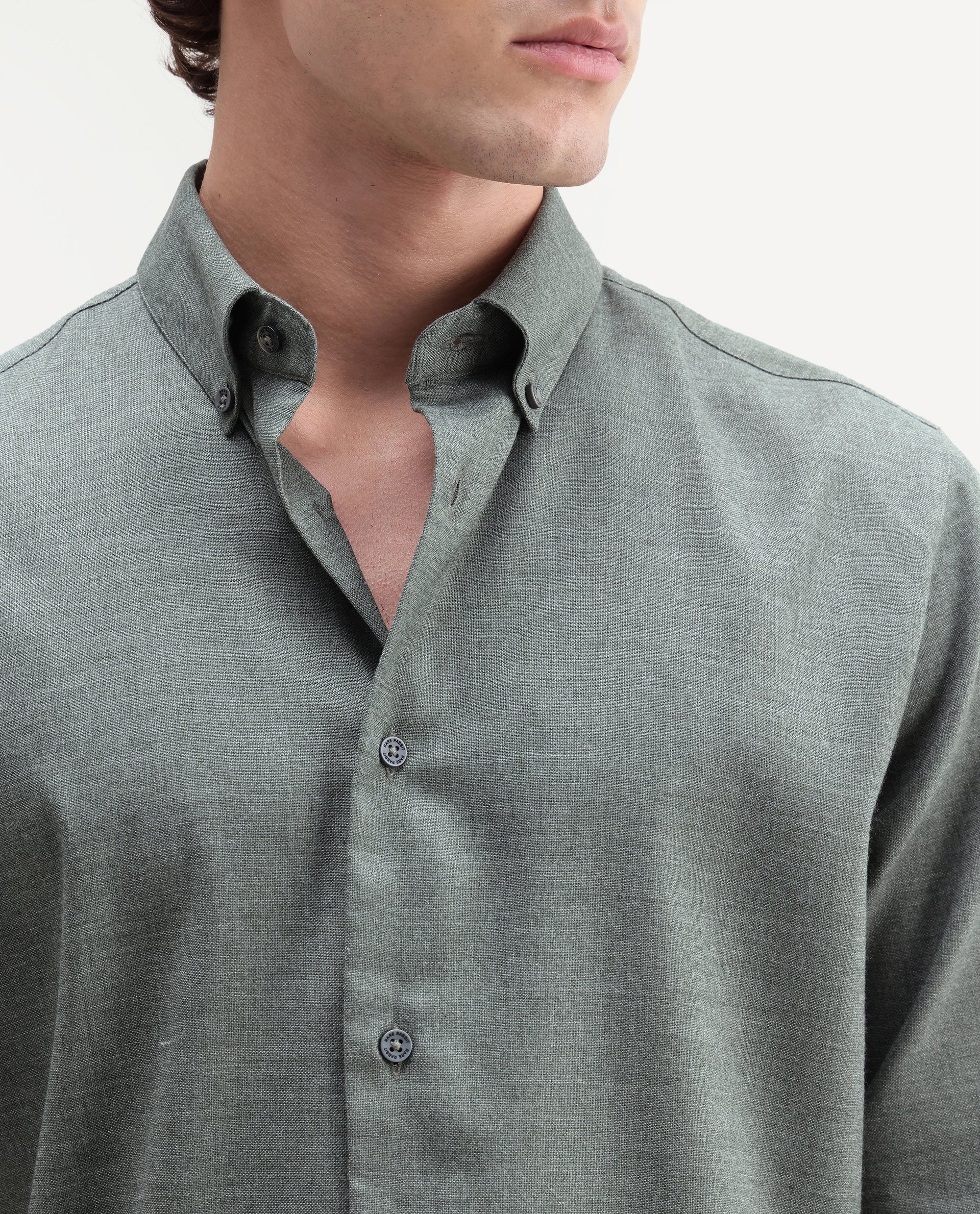 Rare Rabbit Men's Jonar Dusky Green Polyester Blend Spread Collar Regular Plain Shirt