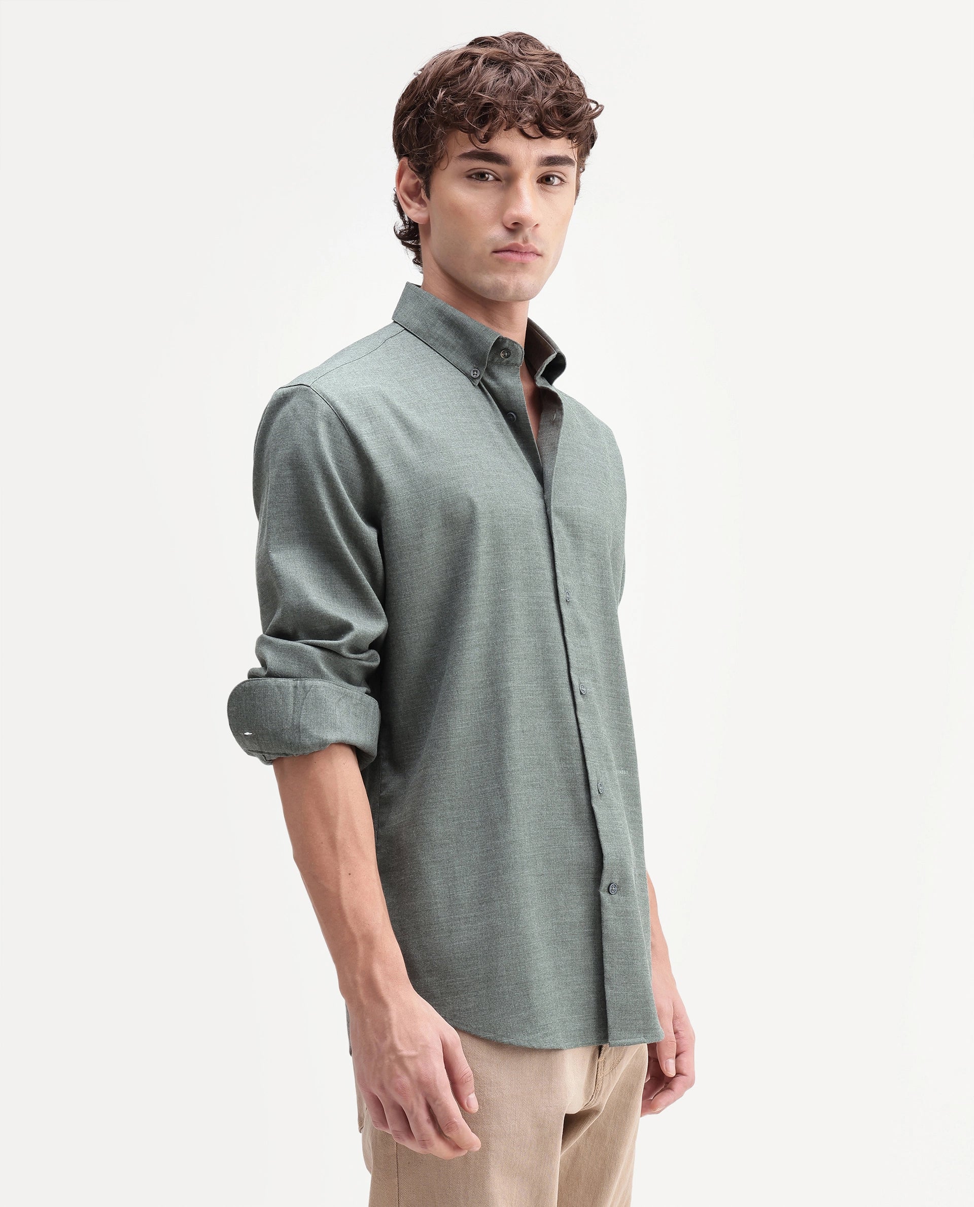 Rare Rabbit Men's Jonar Dusky Green Polyester Blend Spread Collar Regular Plain Shirt
