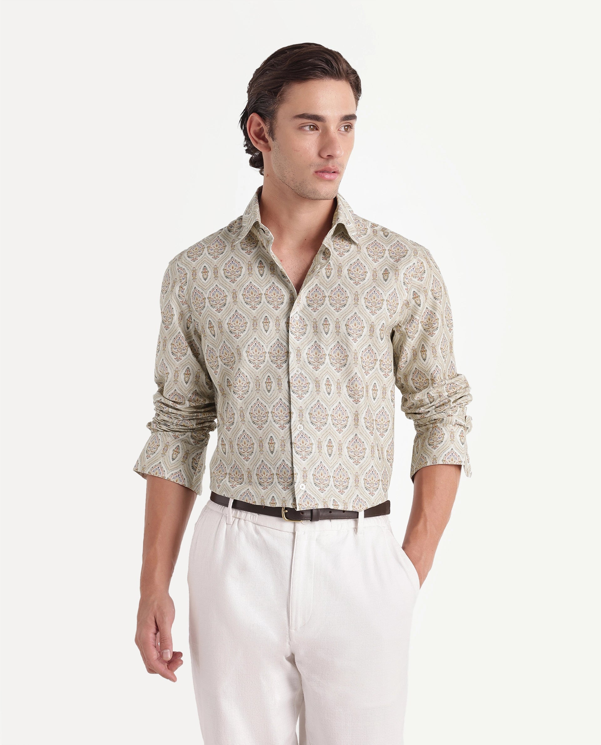 Rare Rabbit Men's Swank Primary Off White Linen Blend Spread Collar Regular Decorative Print Shirt