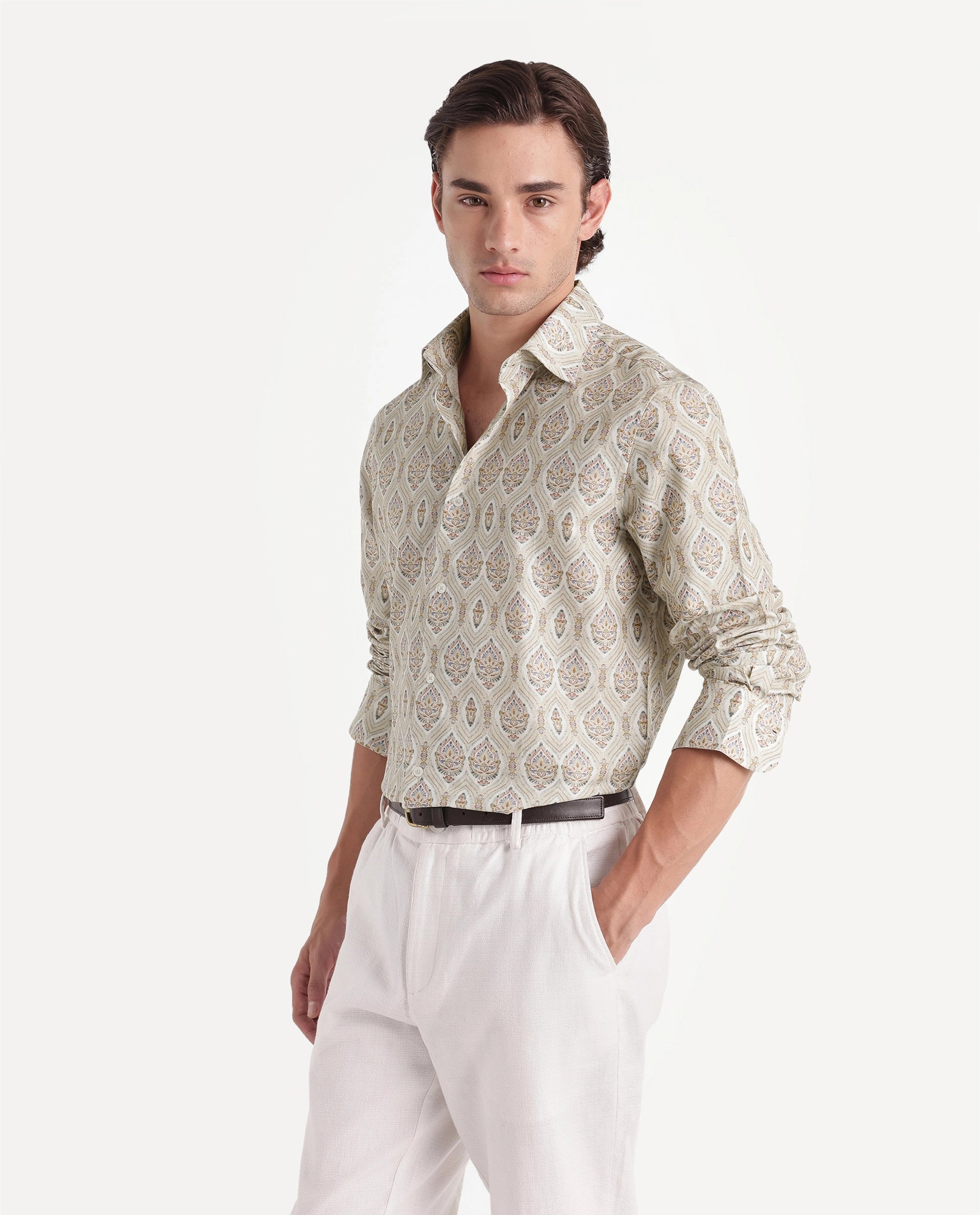 Rare Rabbit Men's Swank Primary Off White Linen Blend Spread Collar Regular Decorative Print Shirt