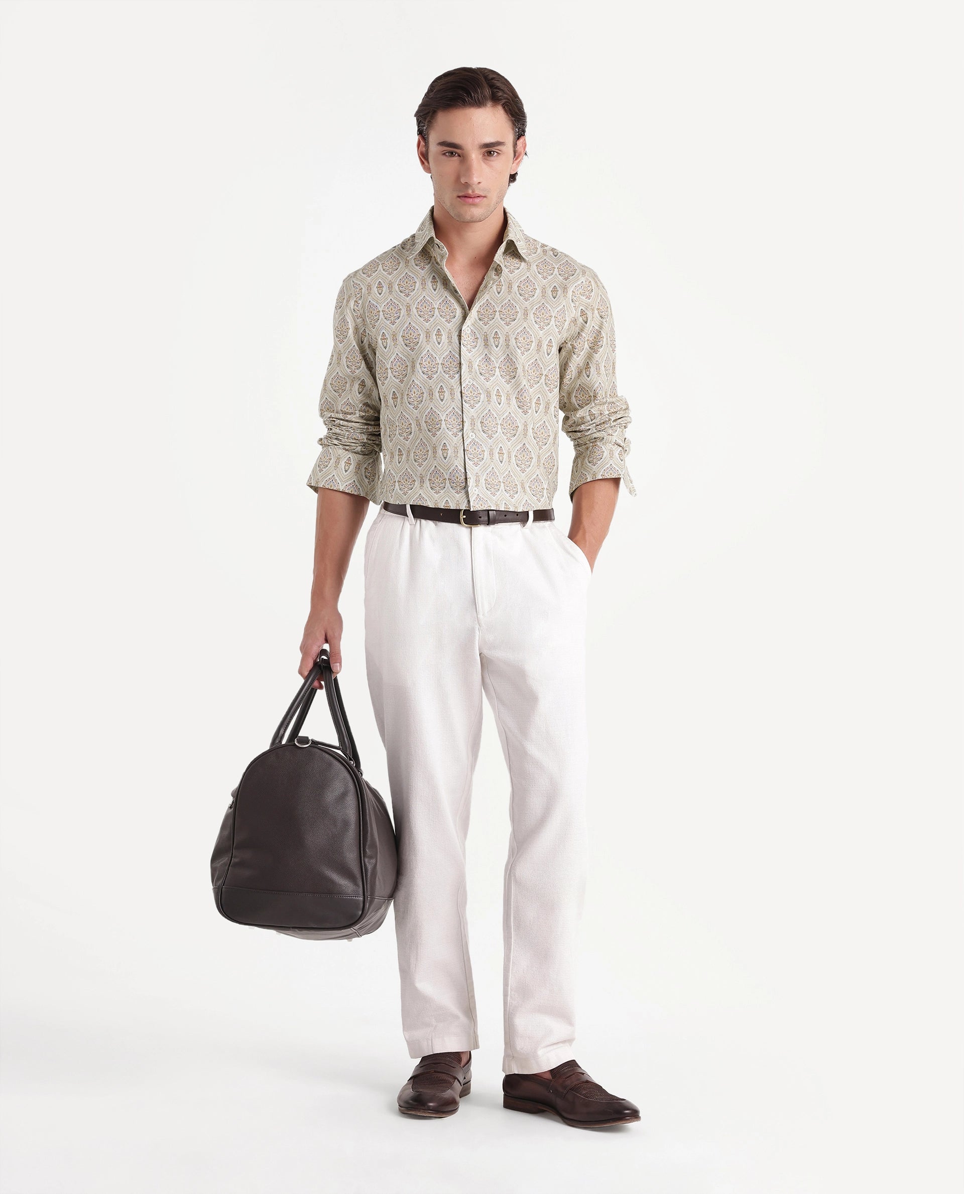 Rare Rabbit Men's Swank Primary Off White Linen Blend Spread Collar Regular Decorative Print Shirt