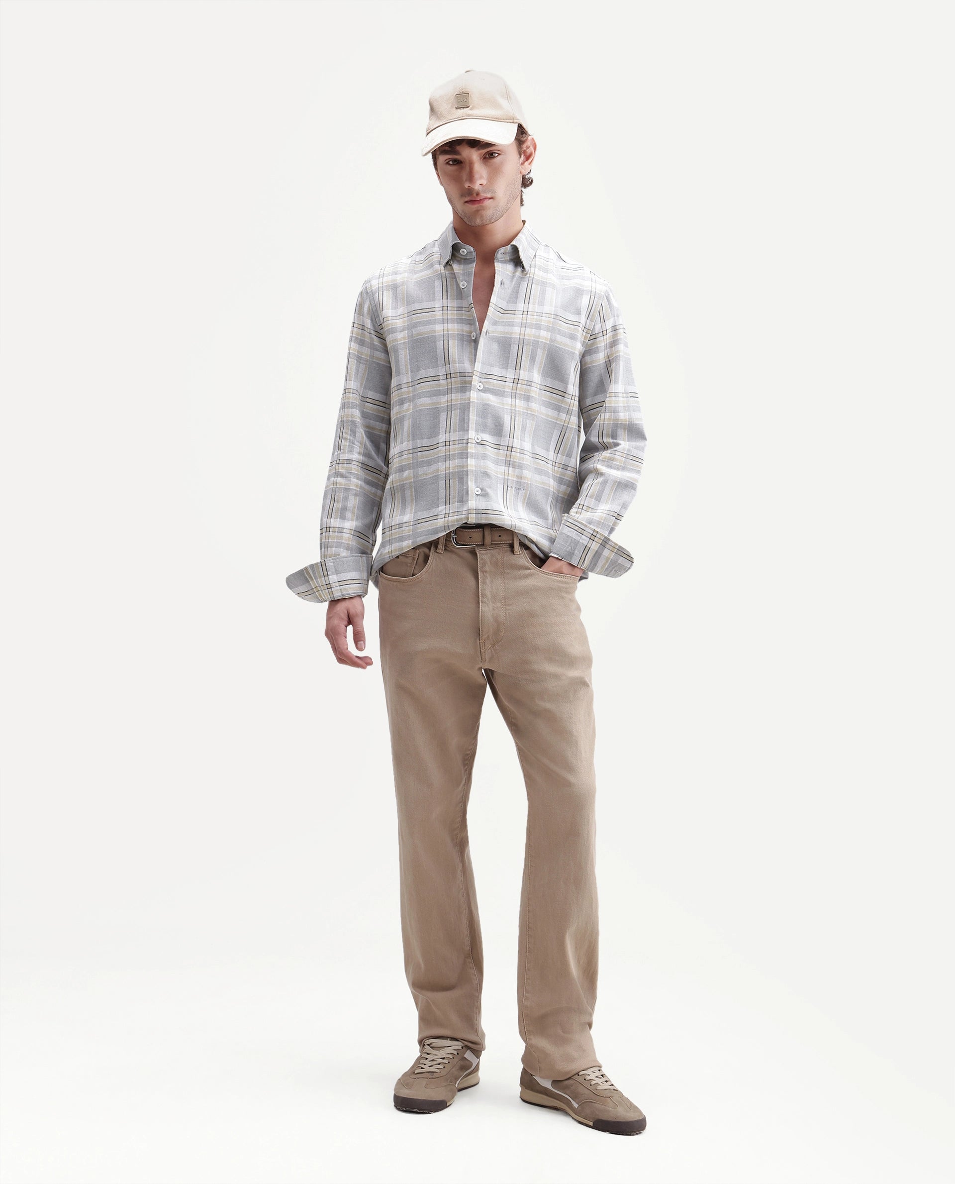 Rare Rabbit Men's Julon Light Grey Cotton Blend Spread Collar Regular Checked Shirt
