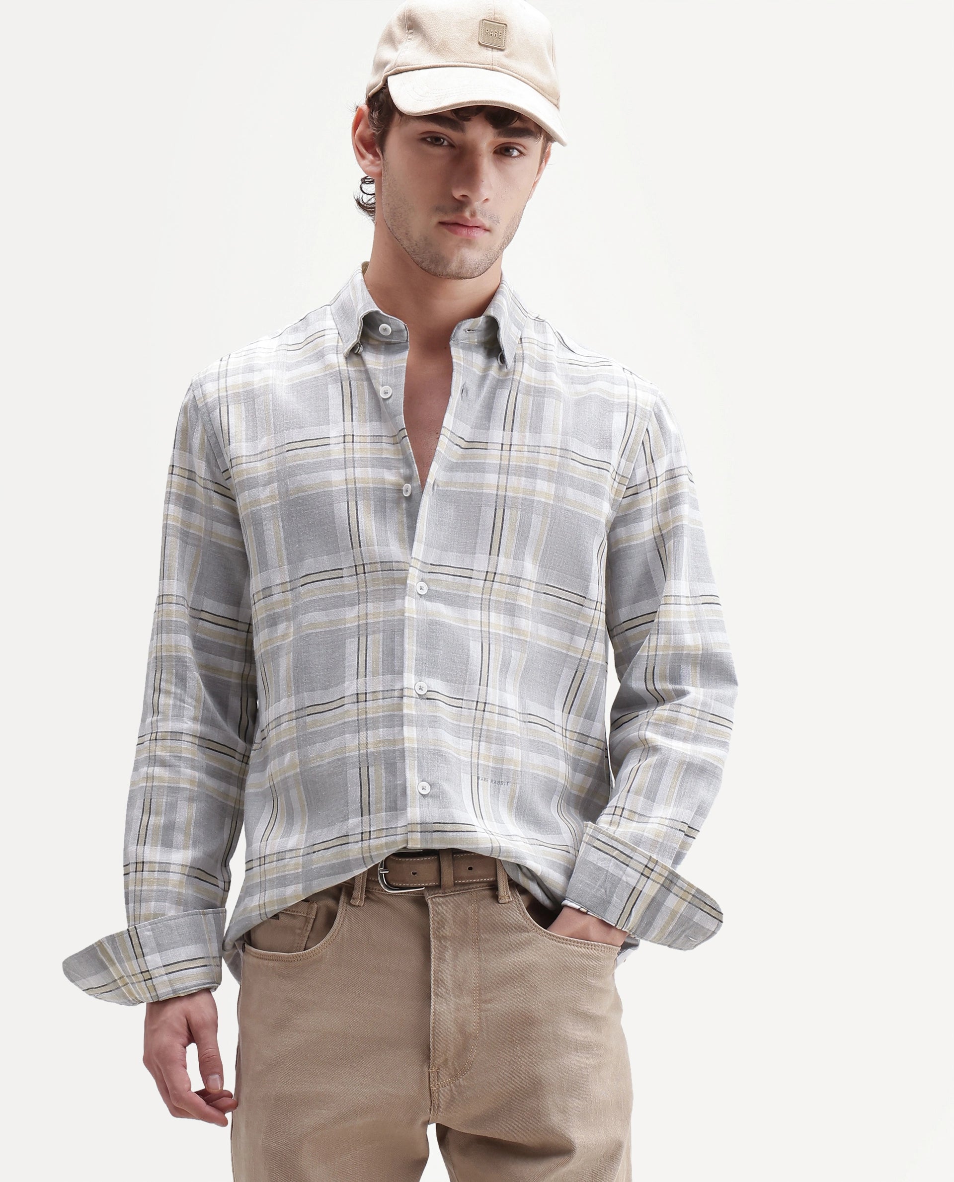 Rare Rabbit Men's Julon Light Grey Cotton Blend Spread Collar Regular Checked Shirt
