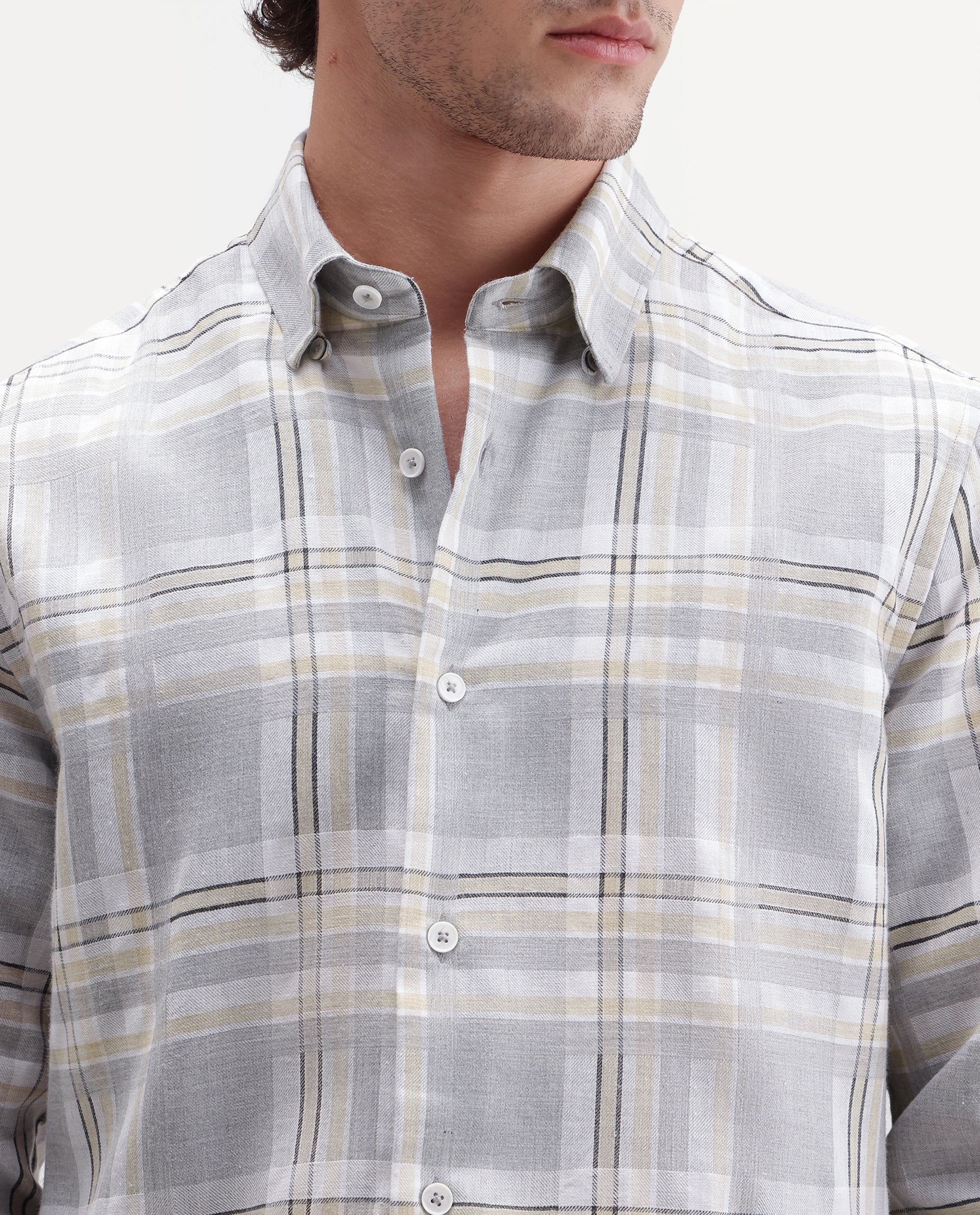 Rare Rabbit Men's Julon Light Grey Cotton Blend Spread Collar Regular Checked Shirt