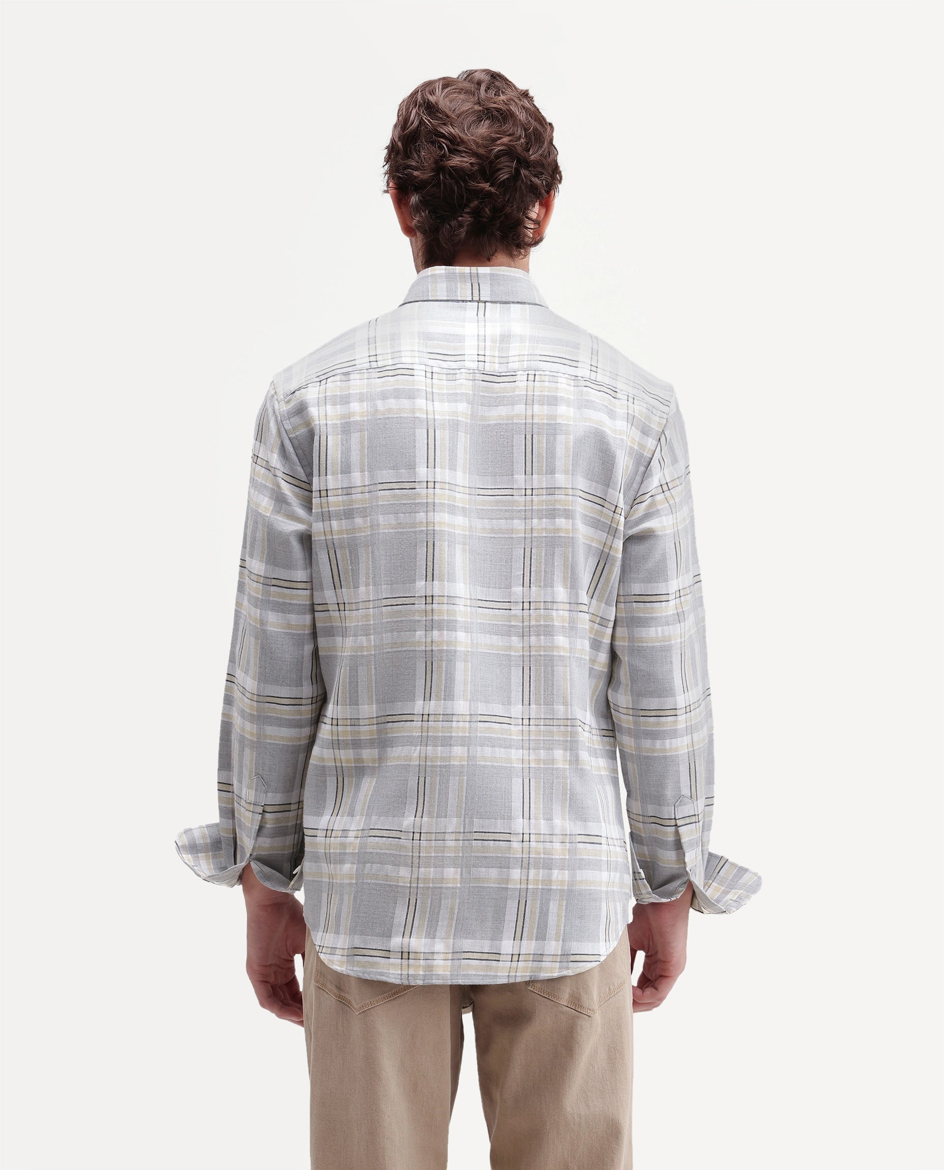 Rare Rabbit Men's Julon Light Grey Cotton Blend Spread Collar Regular Checked Shirt