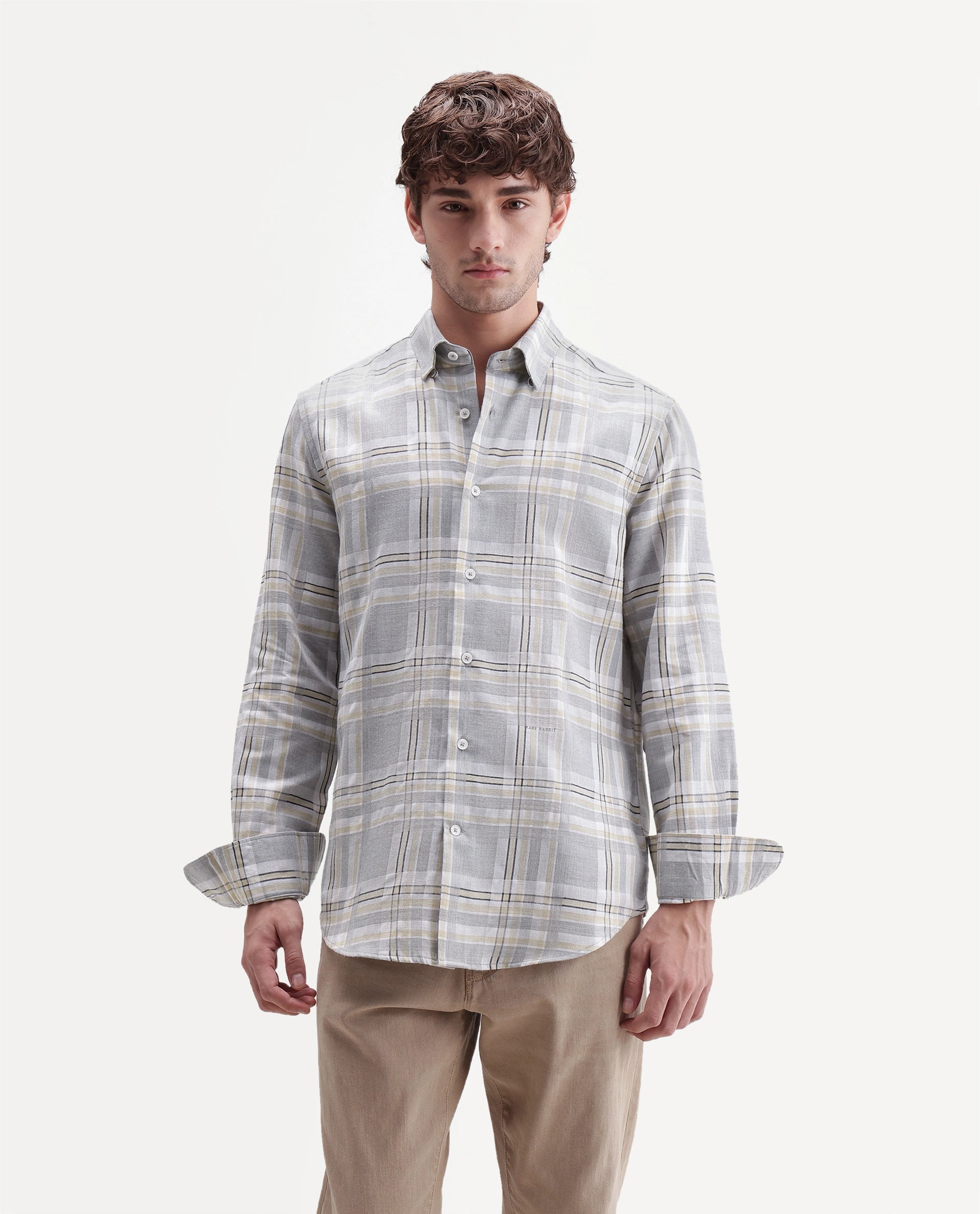 Rare Rabbit Men's Julon Light Grey Cotton Blend Spread Collar Regular Checked Shirt