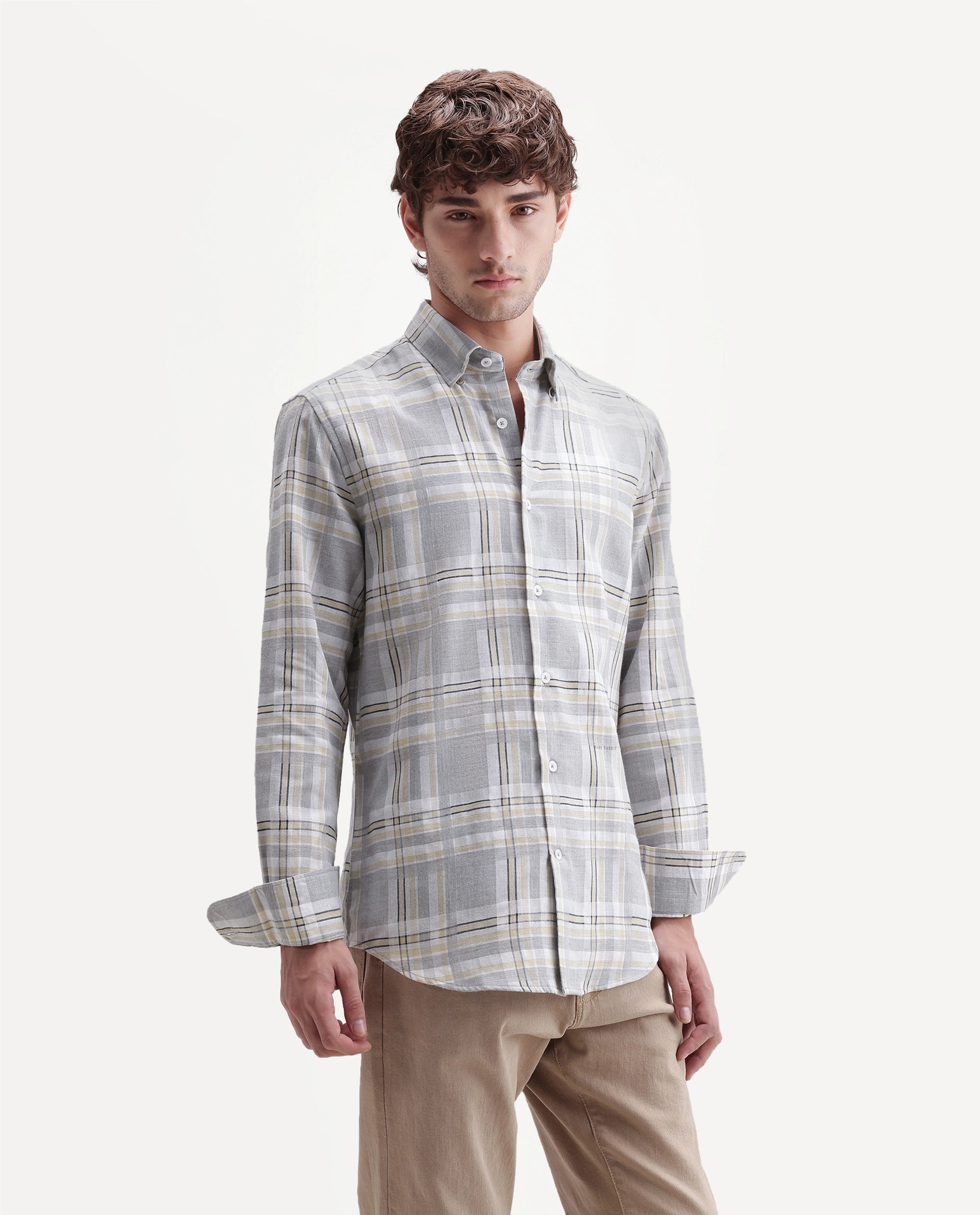 Rare Rabbit Men's Julon Light Grey Cotton Blend Spread Collar Regular Checked Shirt