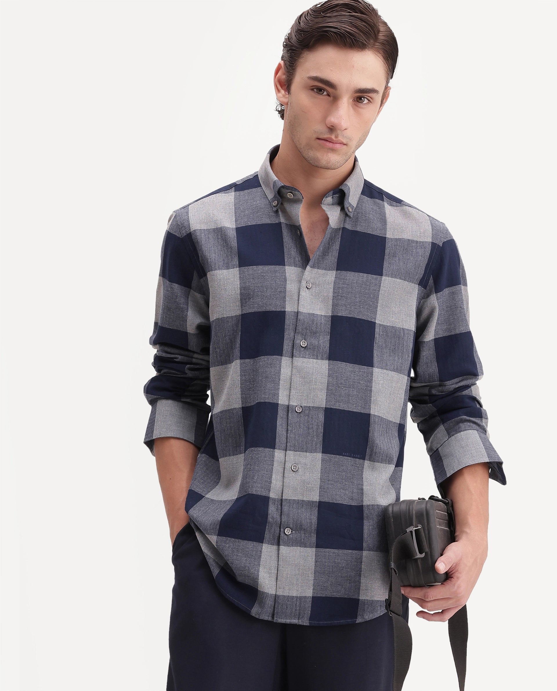 Rare Rabbit Men's Tenz Dark Blue Cotton Blend Spread Collar Regular Checks Shirt