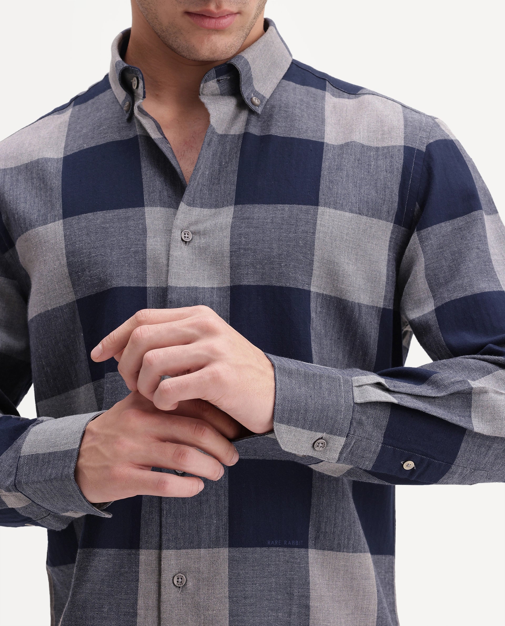 Rare Rabbit Men's Tenz Dark Blue Cotton Blend Spread Collar Regular Checks Shirt