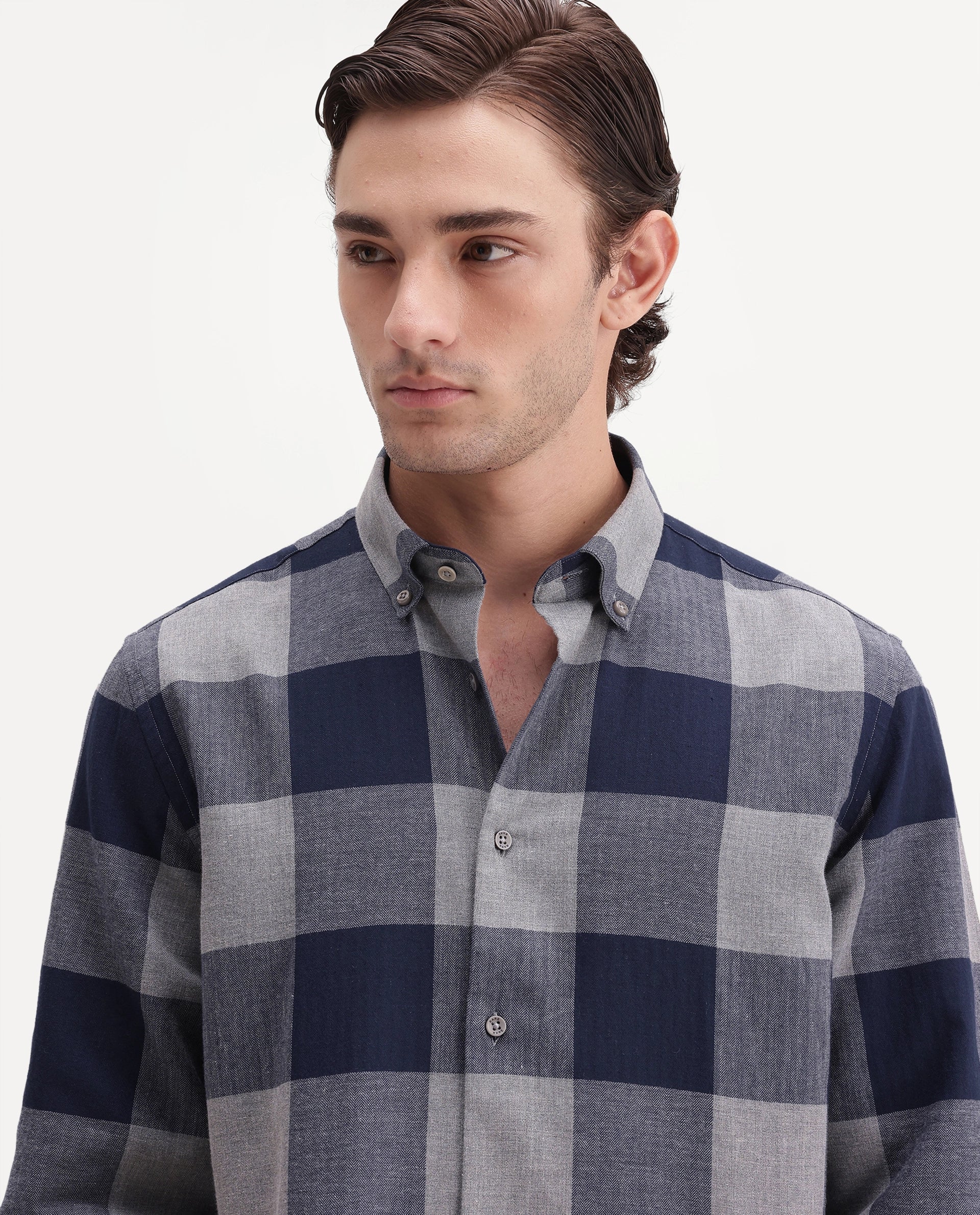 Rare Rabbit Men's Tenz Dark Blue Cotton Blend Spread Collar Regular Checks Shirt