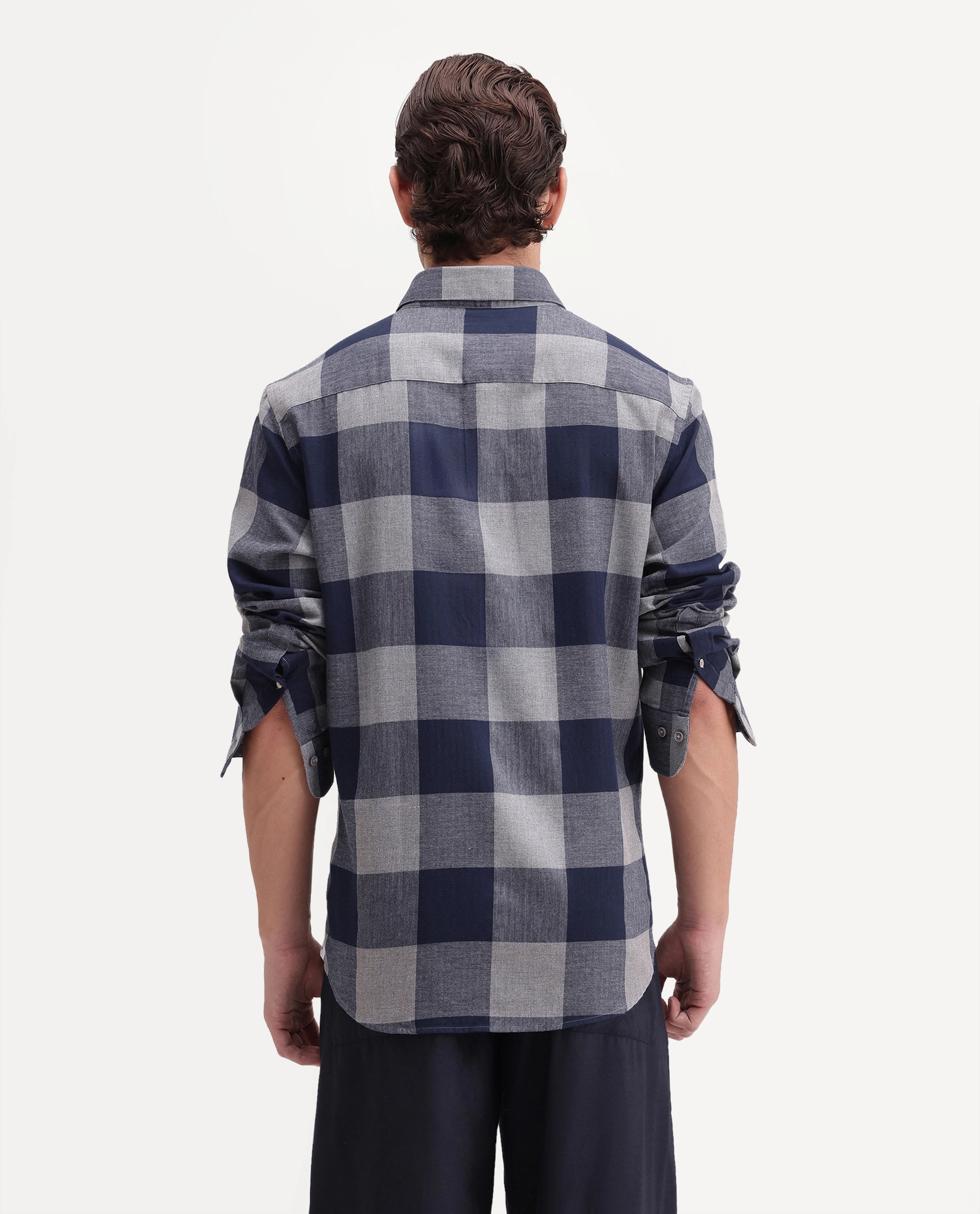 Rare Rabbit Men's Tenz Dark Blue Cotton Blend Spread Collar Regular Checks Shirt